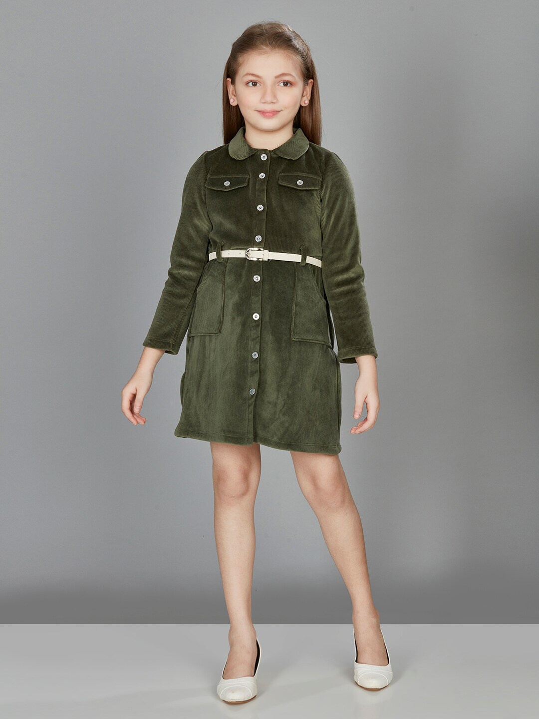 

Peppermint Girls Shirt Collar Mini Shirt Dress With Belt, Olive