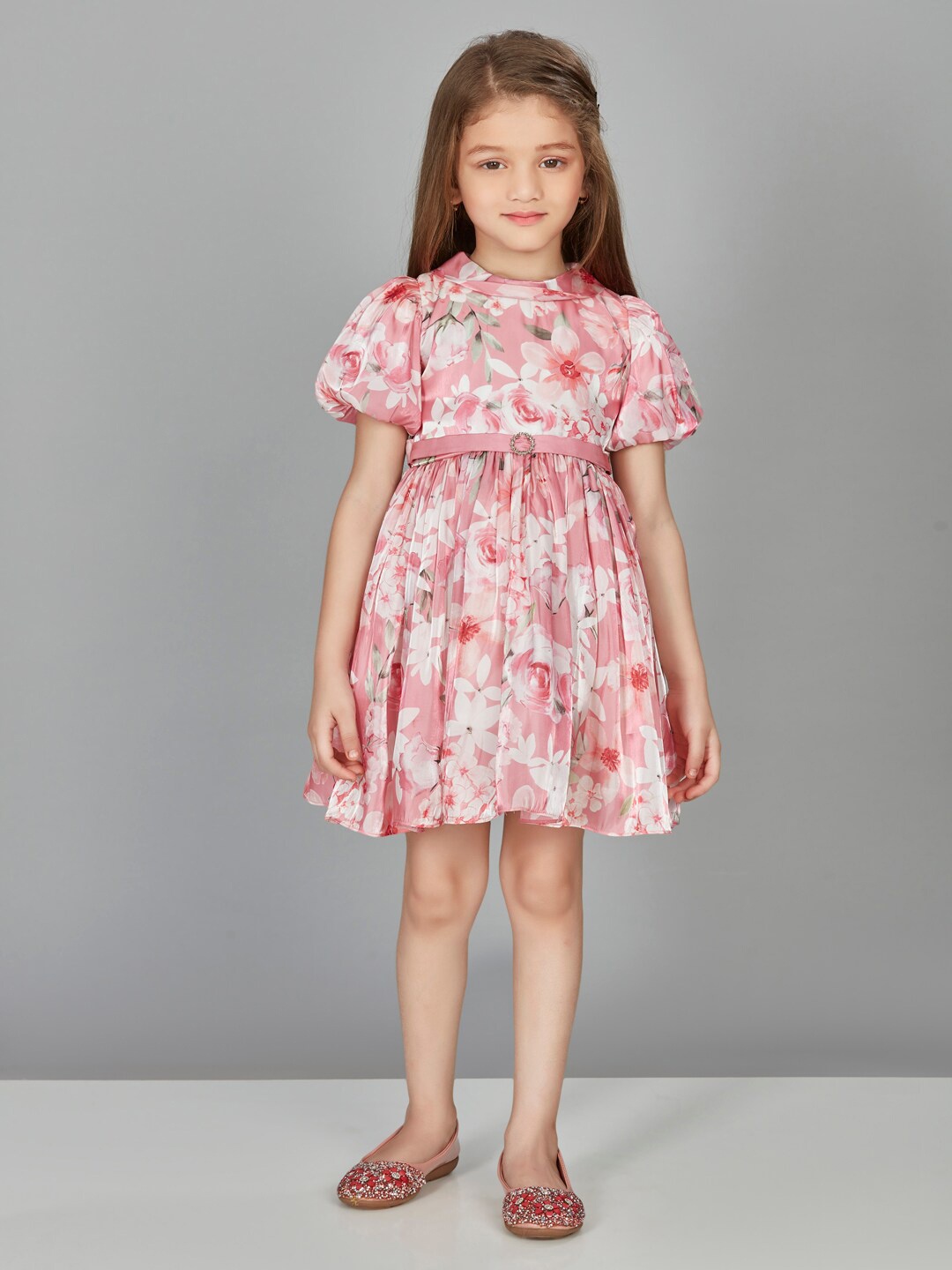 

Peppermint Girls Floral Printed Puff Sleeves Fit & Flare Dress, Pink