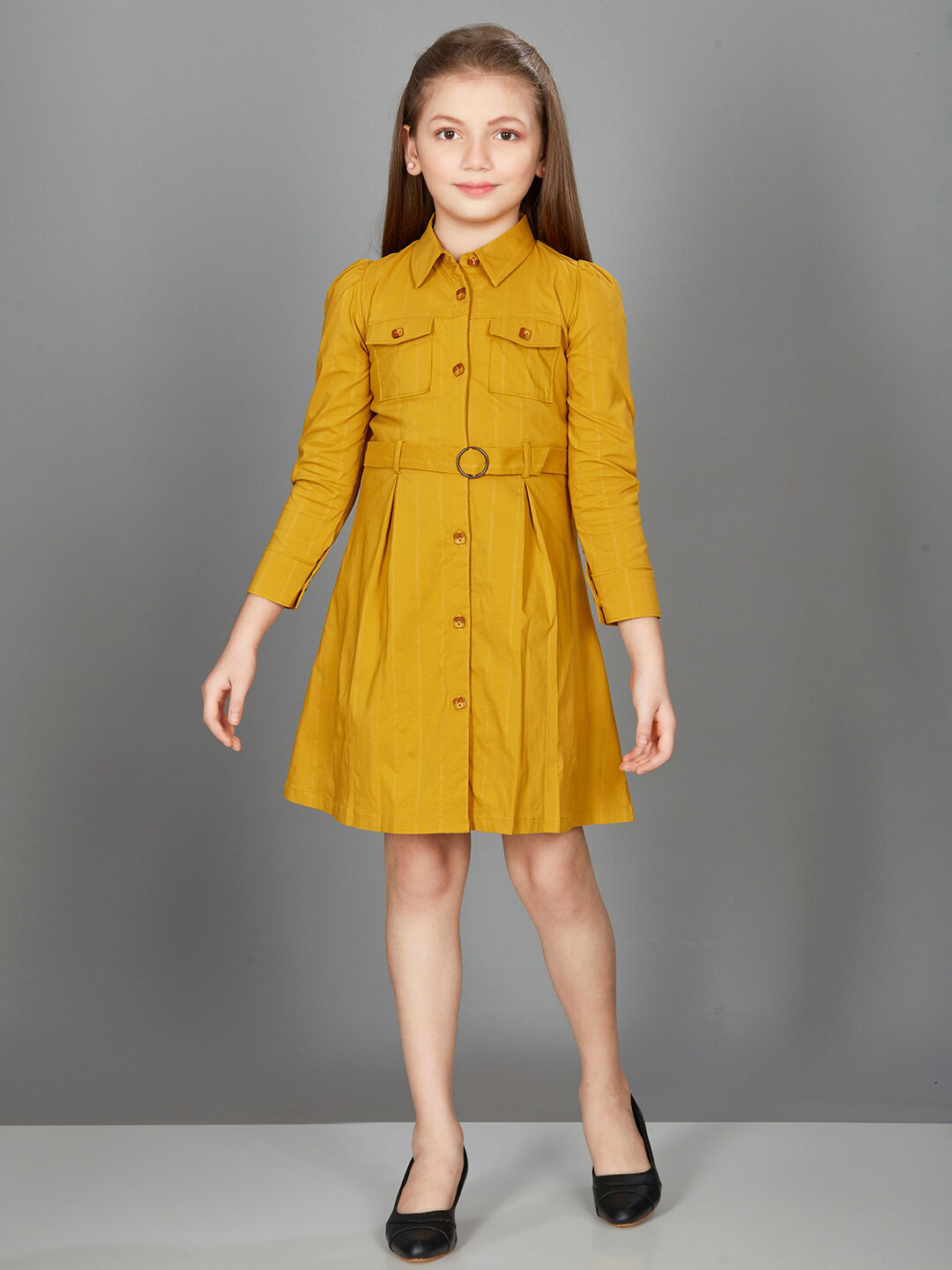 

Peppermint Girls Shirt Style Dress With Belt, Mustard