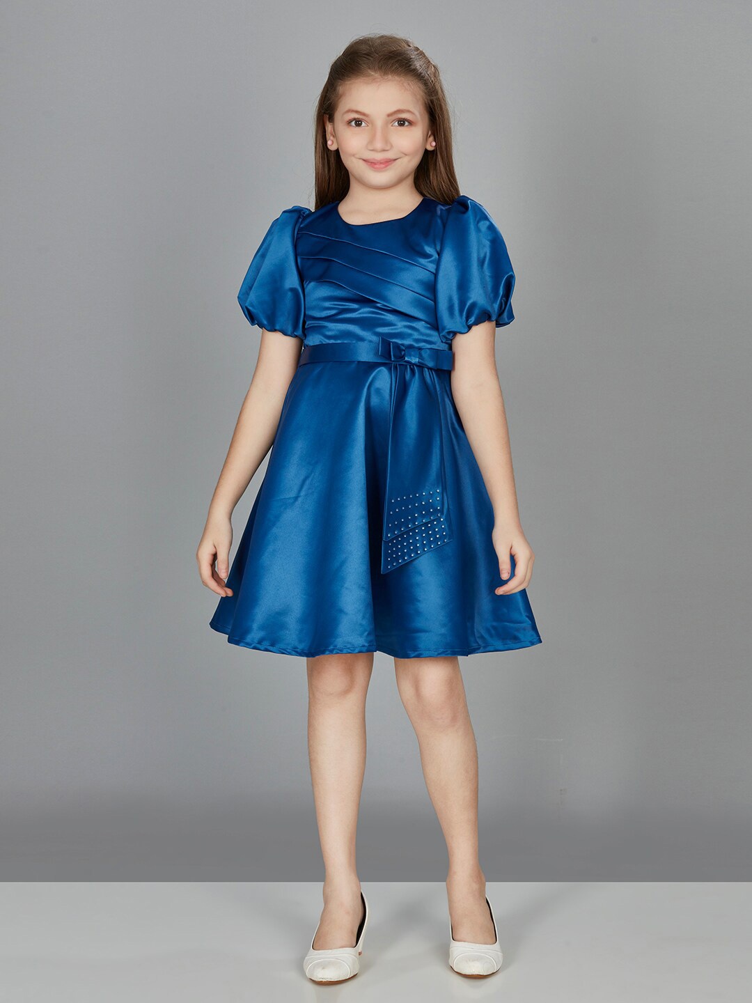 

Peppermint Girls Puff Sleeve Satin Fit & Flare Dress, Blue