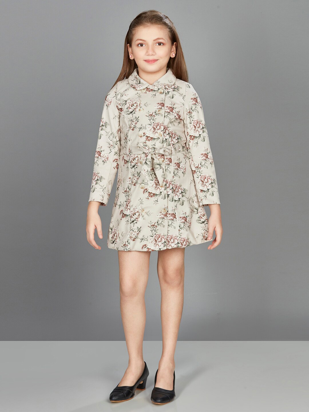 

Peppermint Girls Floral Print Peter Pan Collar Fit & Flare Dress With Belt, Beige