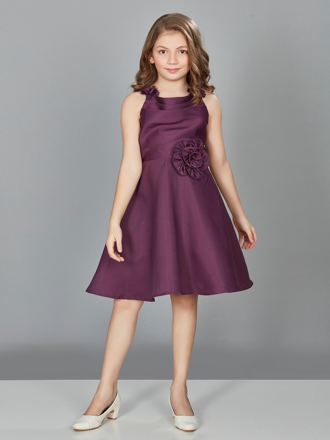 

Peppermint Square Neck Sleeveless Floral Bow Satin A-Line Knee Length Dress, Purple