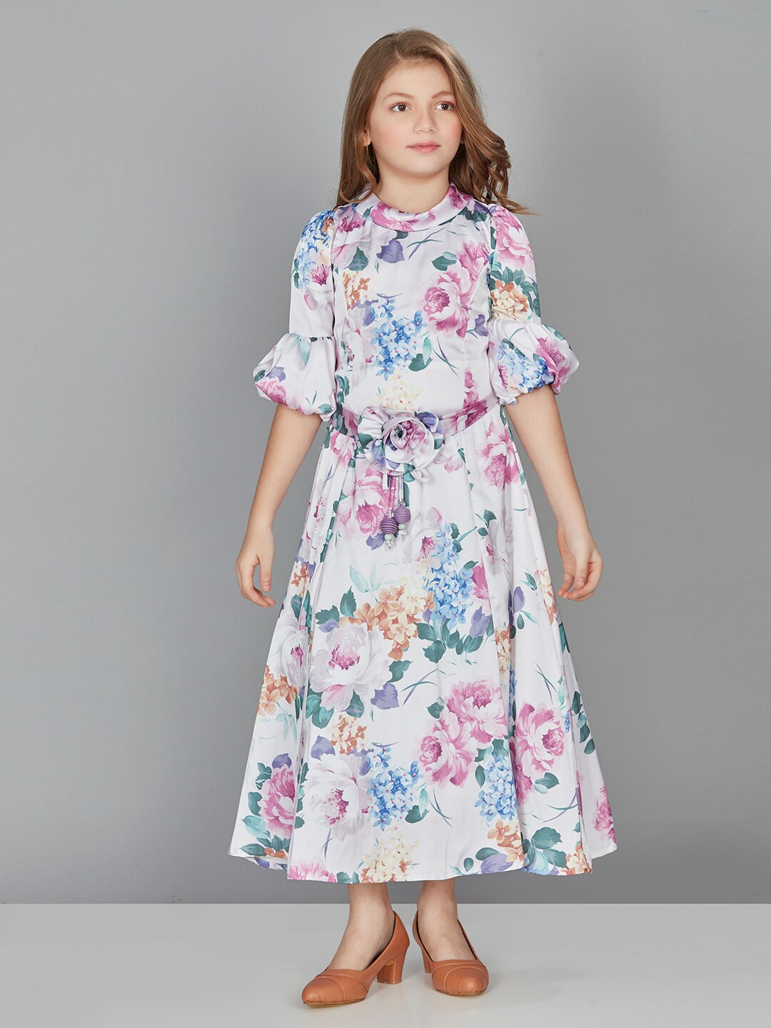 

Peppermint Girls Floral Print Puff Sleeve Satin Maxi Dress With Belt, White