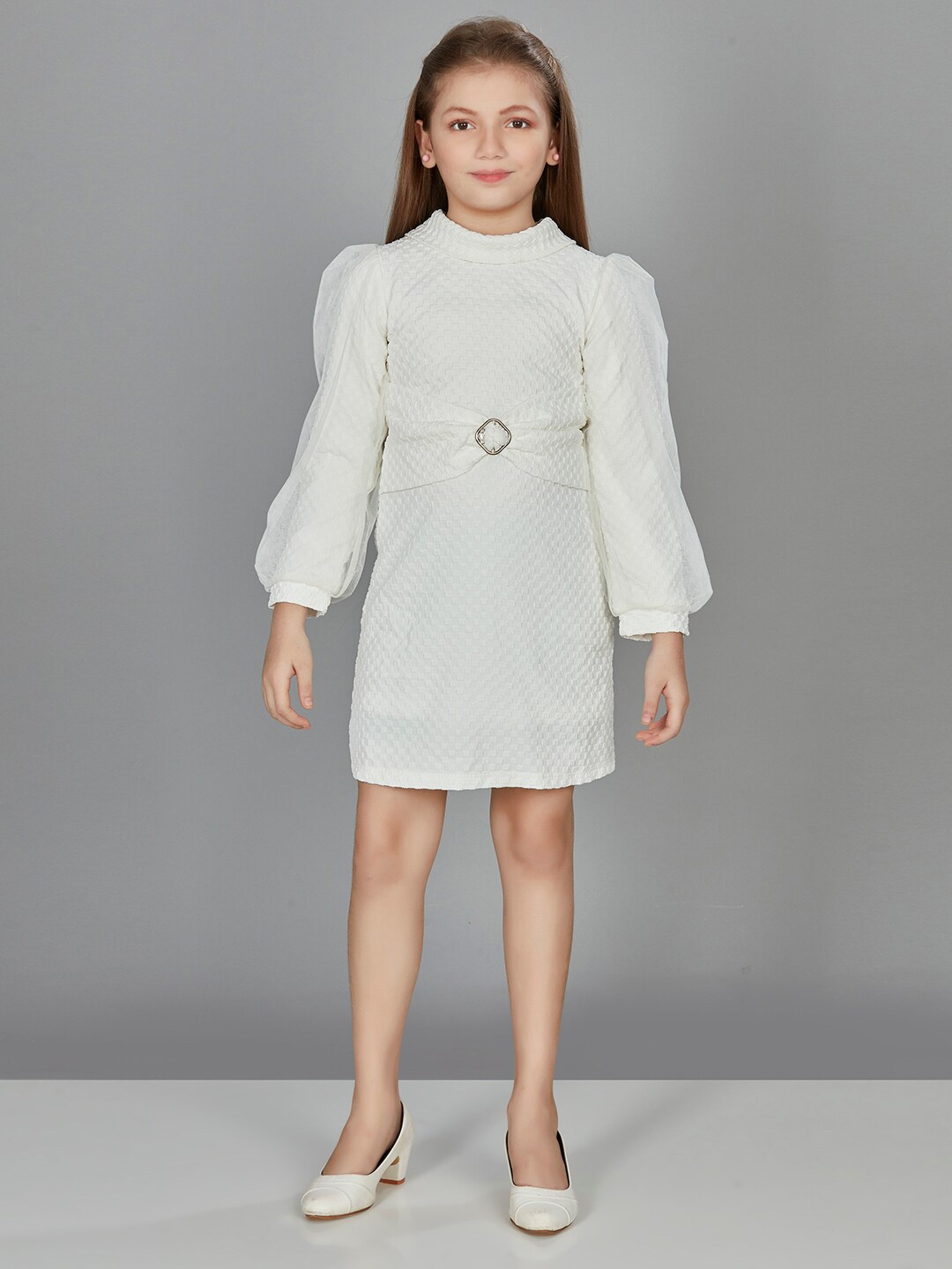 

Peppermint Girls Self Design Puff Sleeve A-Line Dress, White