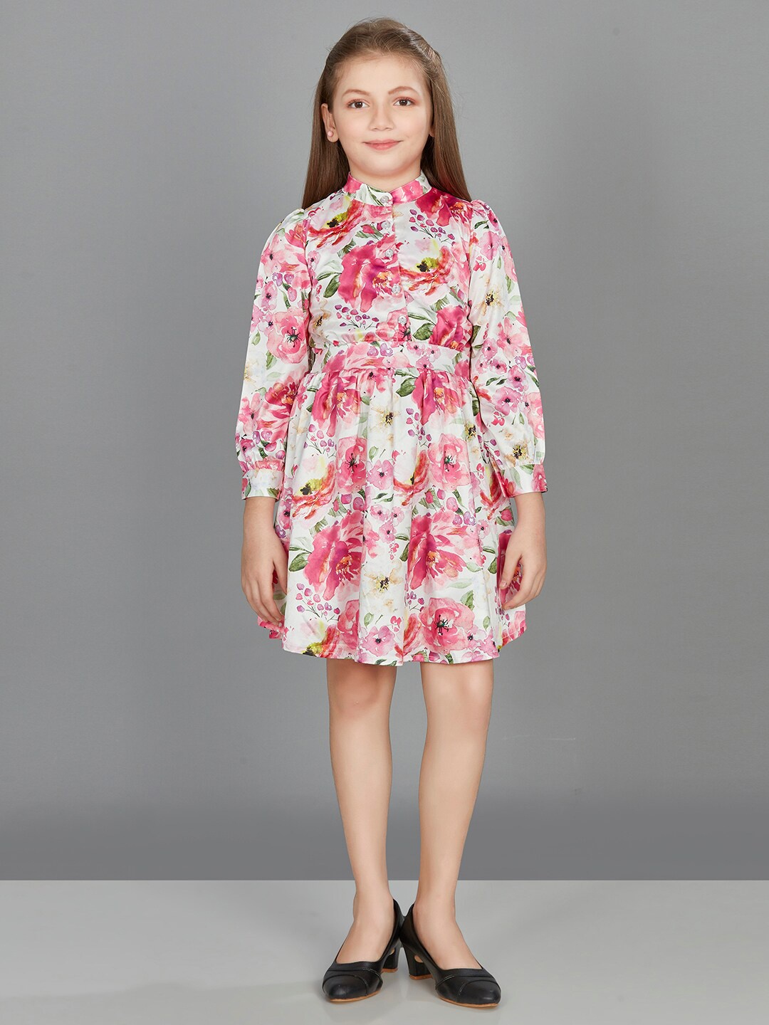 

Peppermint Girls Floral Printed Mandarin Collar Fit & Flare Dress, White