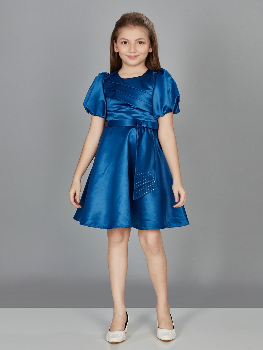 

Peppermint Girls Puff Sleeve Satin Fit & Flare Dress, Blue