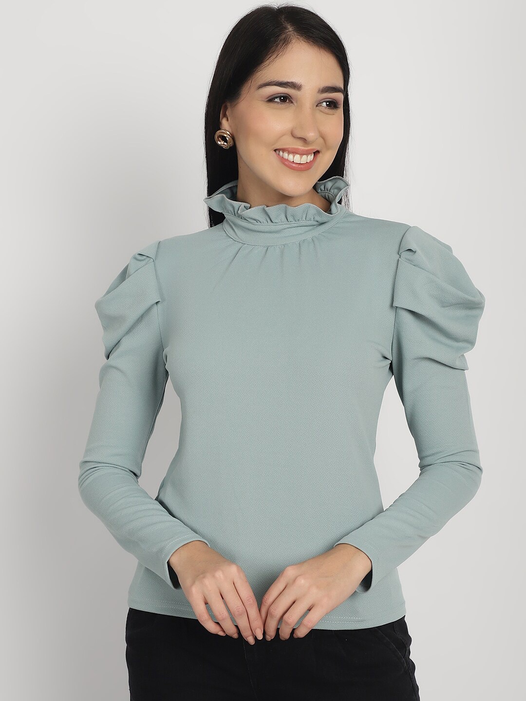 

Purple State High Neck Puff Sleeves Top, Blue
