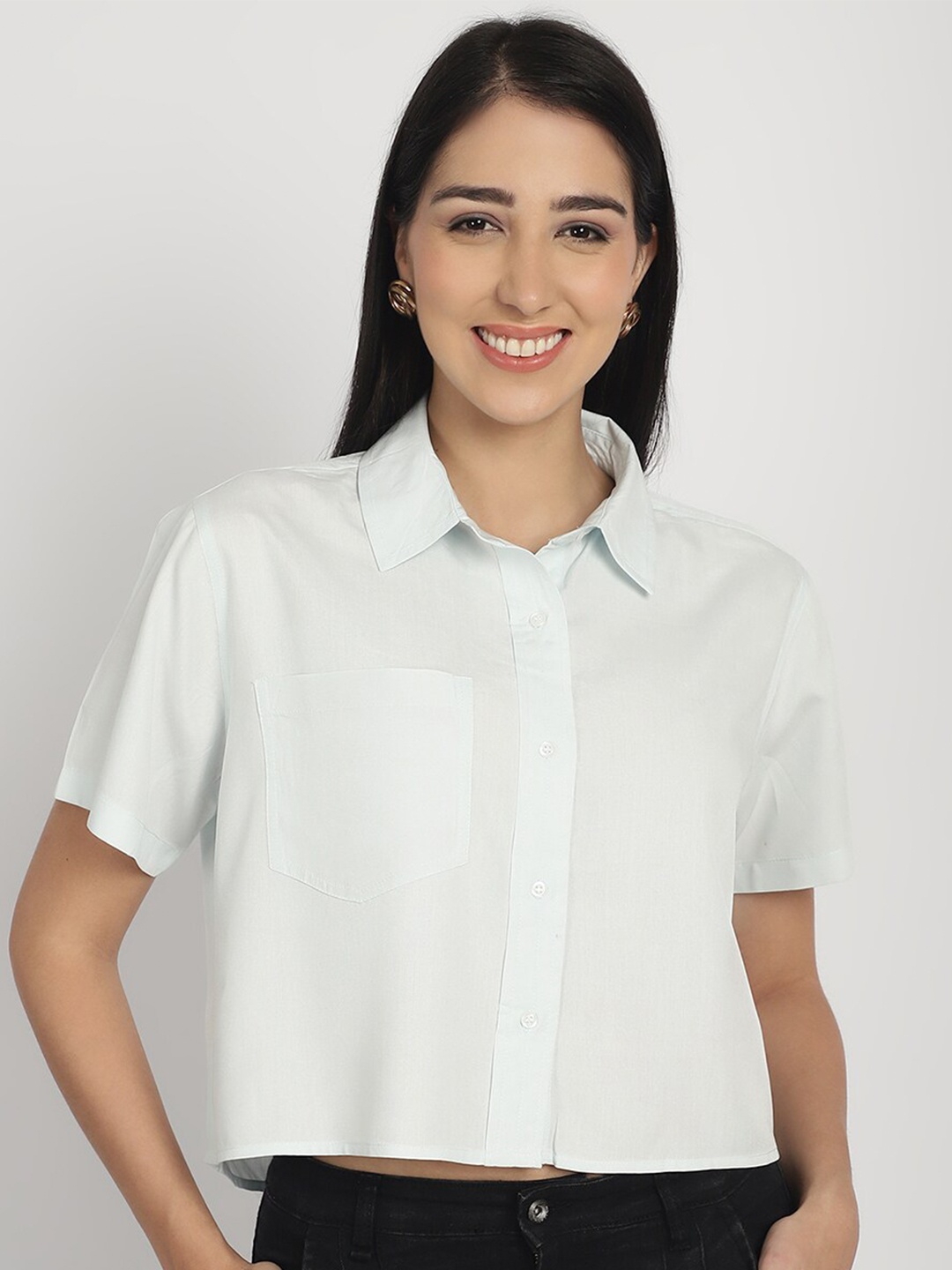 

Purple State Spread Collar Shirt Collar Crop Top, Turquoise blue
