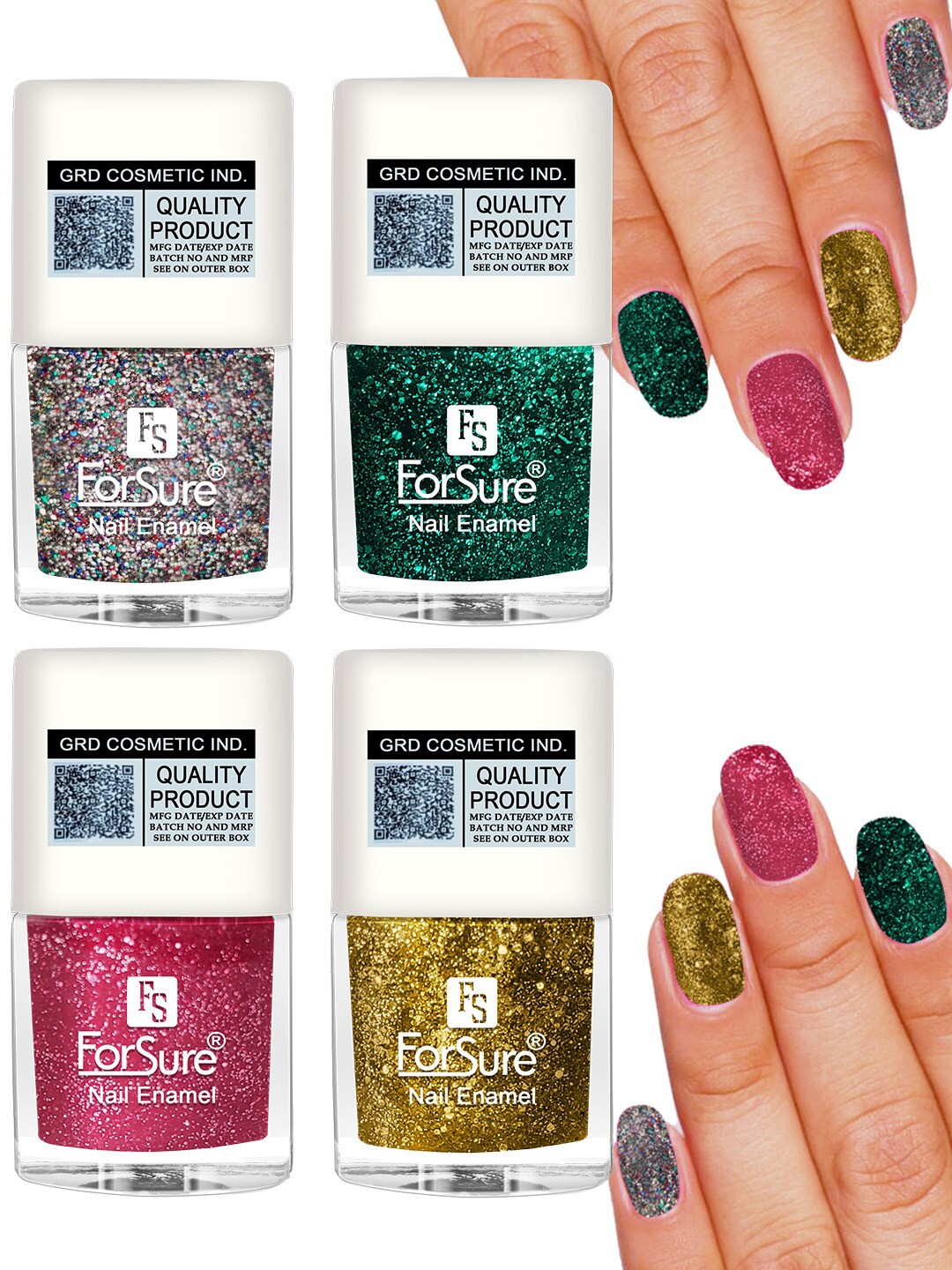 

ForSure Set of 4 High Shine Glitter Long Lasting Nail Enamel 5ml each - Shade 98-99-100-89, Multi