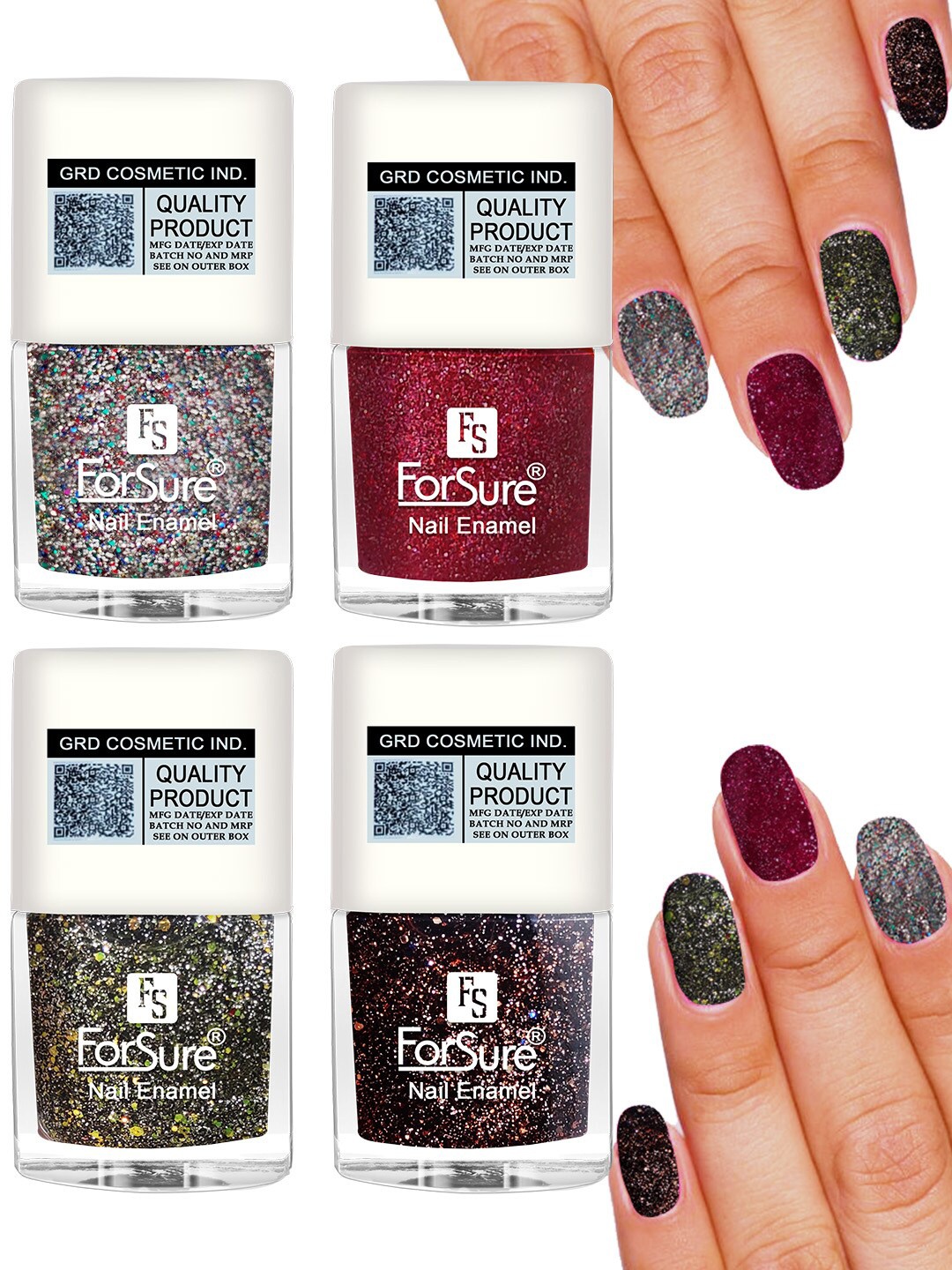 

ForSure Set of 4 High Shine Glitter Long Lasting Nail Enamel 5 ml each - Shade 89-90-91-95, Multi