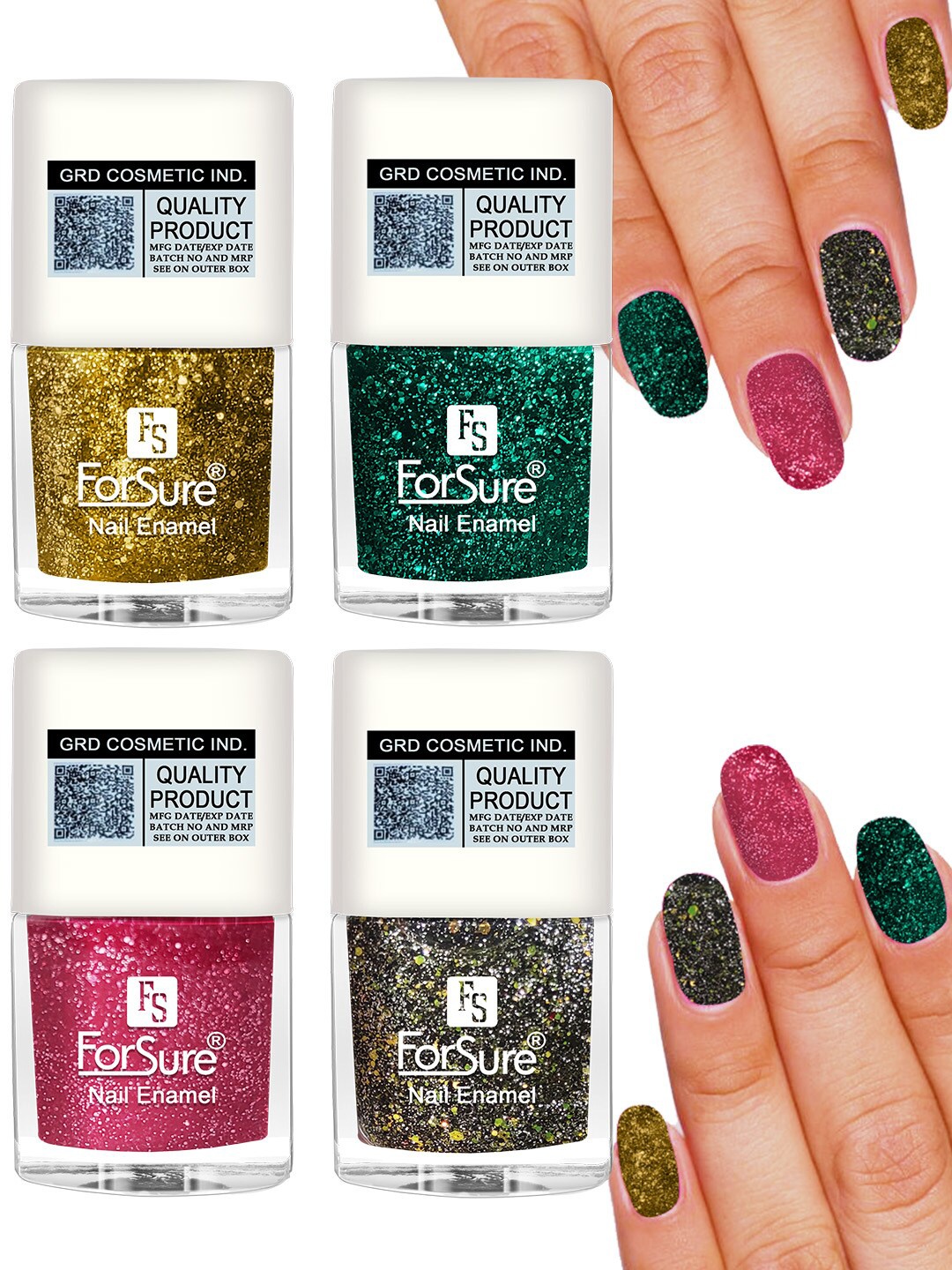 

ForSure Set of 4 High Shine Glitter Long Lasting Nail Enamel 5ml each - Shade 98-99-100-91, Multi