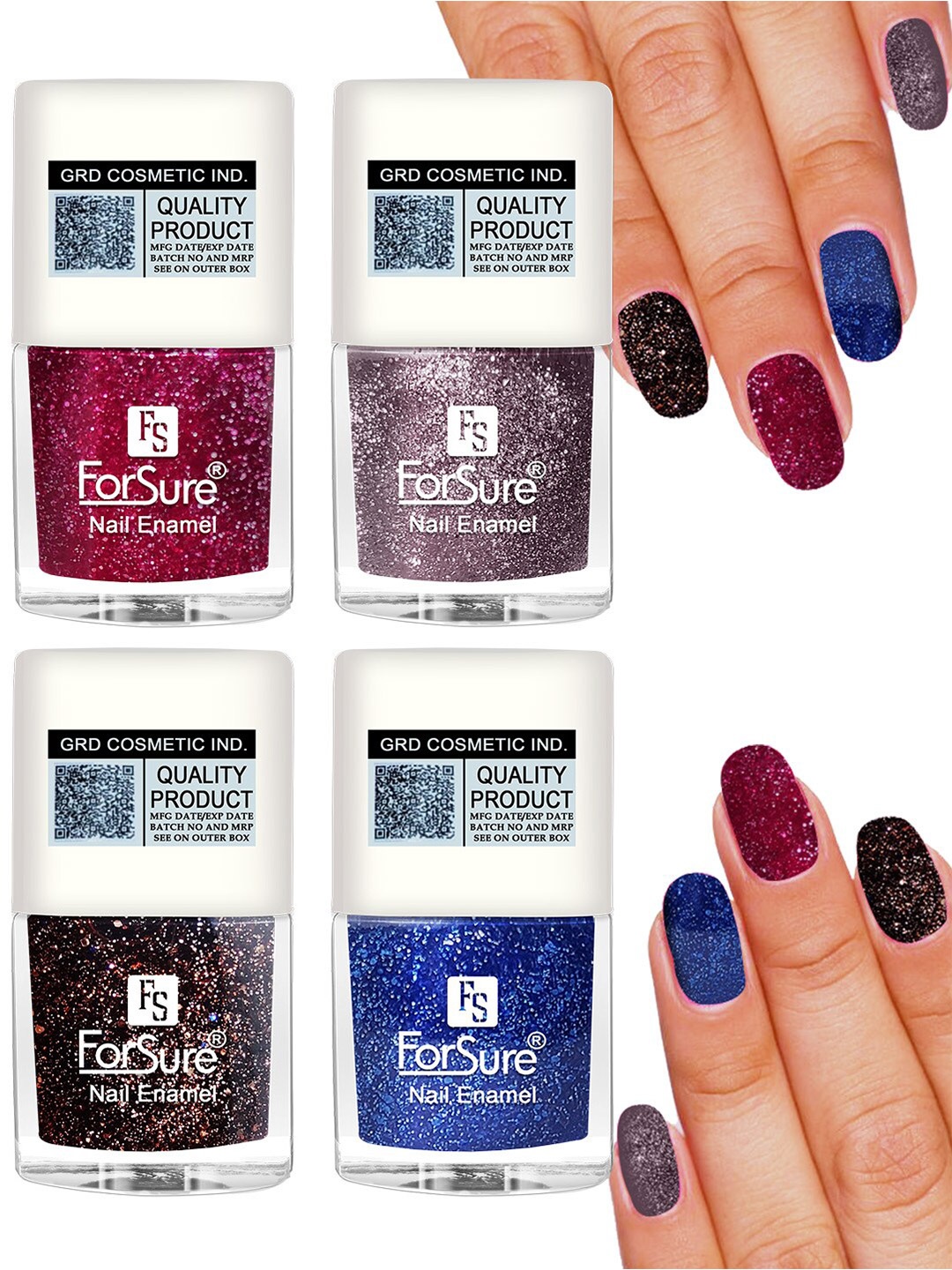 

ForSure Set of 4 High Shine Glitter Long Lasting Nail Enamel 5 ml each - Shade 93-94-95-96, Multi