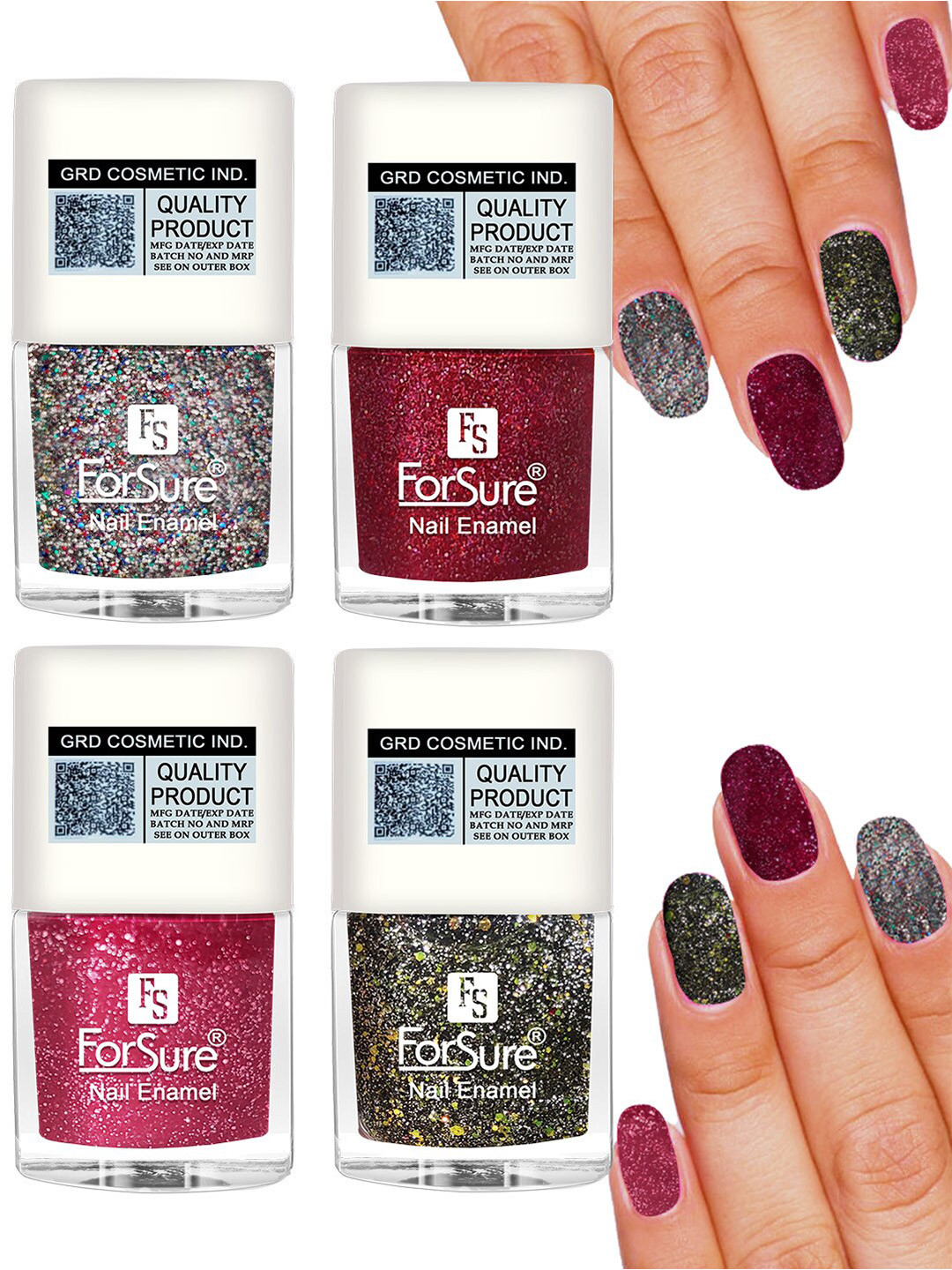 

ForSure Set of 4 High Shine Glitter Long Lasting Nail Enamel 5 ml each - Shade 89-90-91-98, Multi