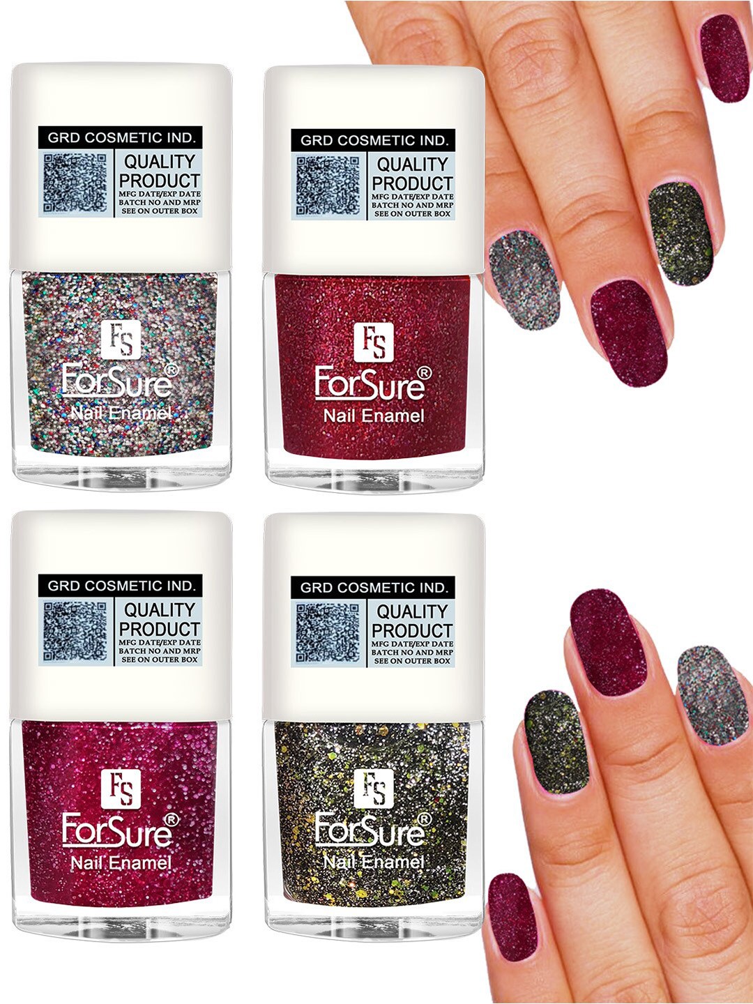 

ForSure Set of 4 High Shine Glitter Long Lasting Nail Enamel 5 ml each - Shade 89-90-91-96, Silver