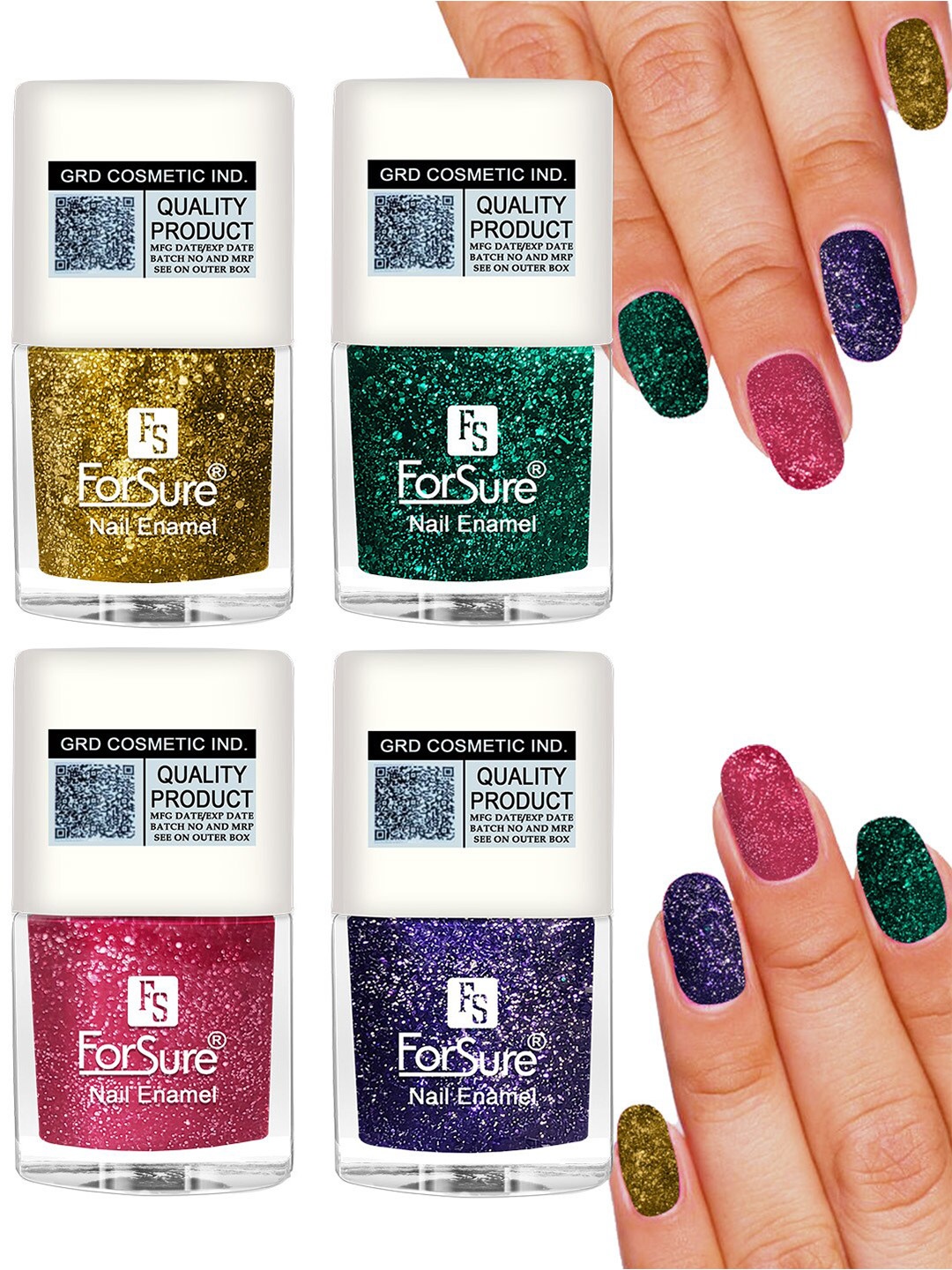 

ForSure Set of 4 High Shine Glitter Long Lasting Nail Enamel 5ml each - Shade 98-99-100-92, Multi