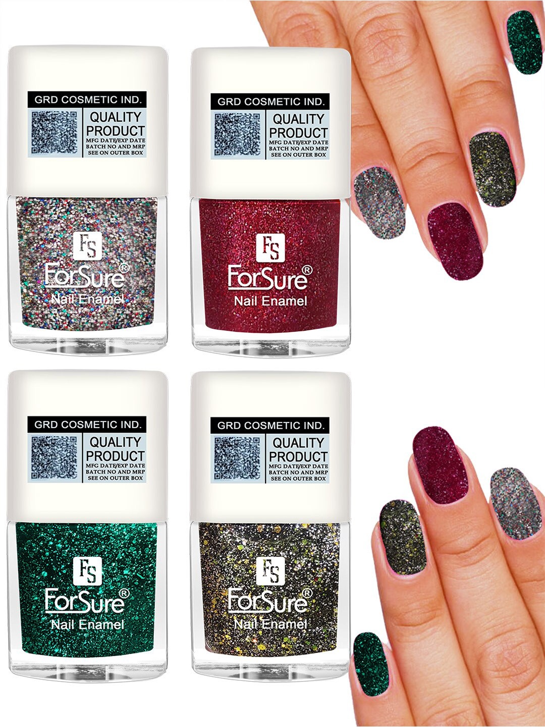 

ForSure Set of 4 High Shine Glitter Long Lasting Nail Enamel 5ml each - Shade 89-90-91-100, Multi