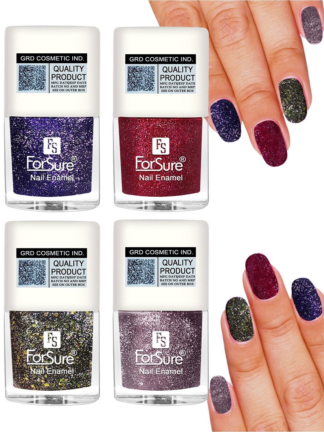 

ForSure Set of 4 High Shine Glitter Long Lasting Nail Enamel 5 ml each - Shade 90-91-92-94, Multi