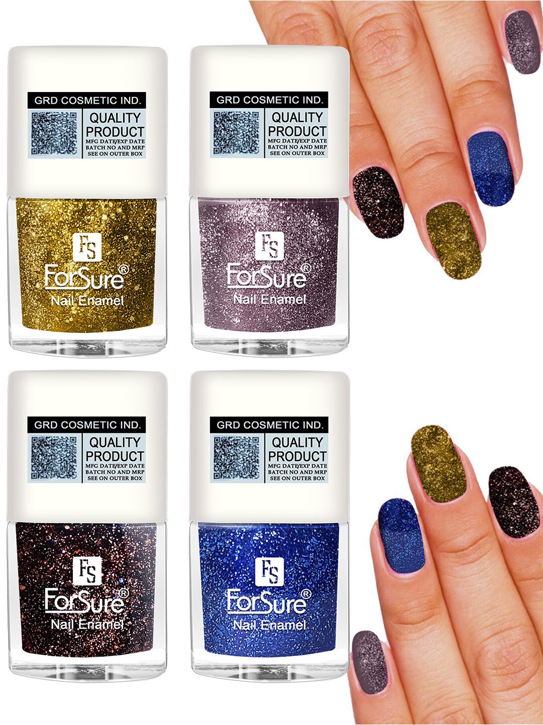 

ForSure Set of 4 High Shine Glitter Long Lasting Nail Enamel 5 ml each - Shade 93-94-95-99, Multi