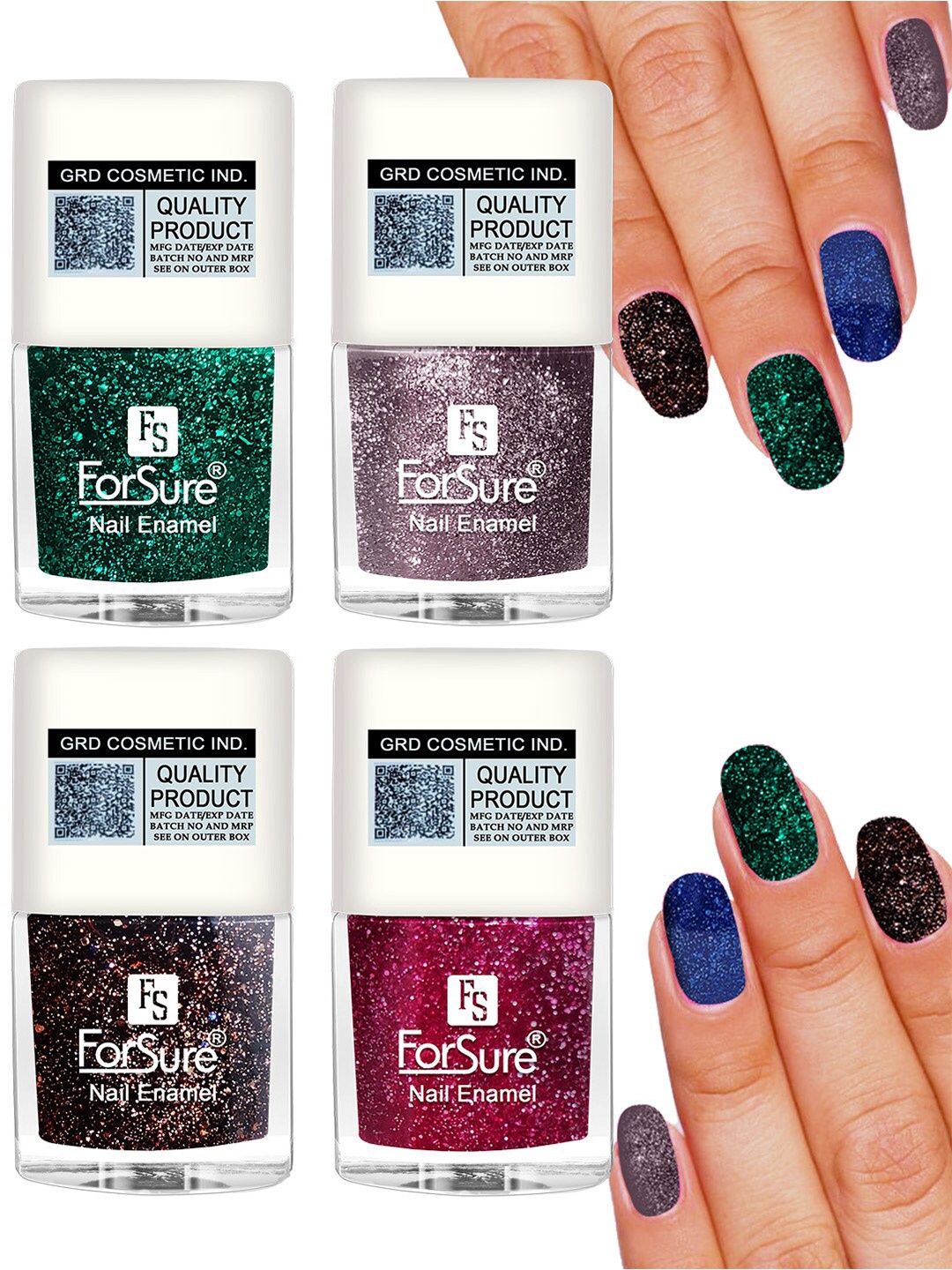 

ForSure Set of 4 High Shine Glitter Long Lasting Nail Enamel 5ml each - Shade 94-95-96-100, Multi