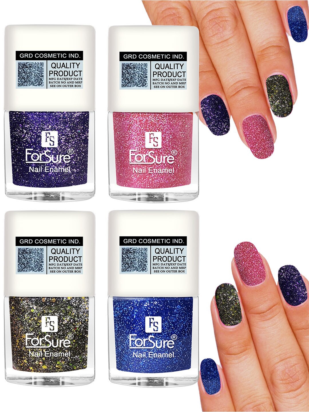 

ForSure Set of 4 High Shine Glitter Long Lasting Nail Enamel 5 ml each - Shade 91-92-93-97, Multi