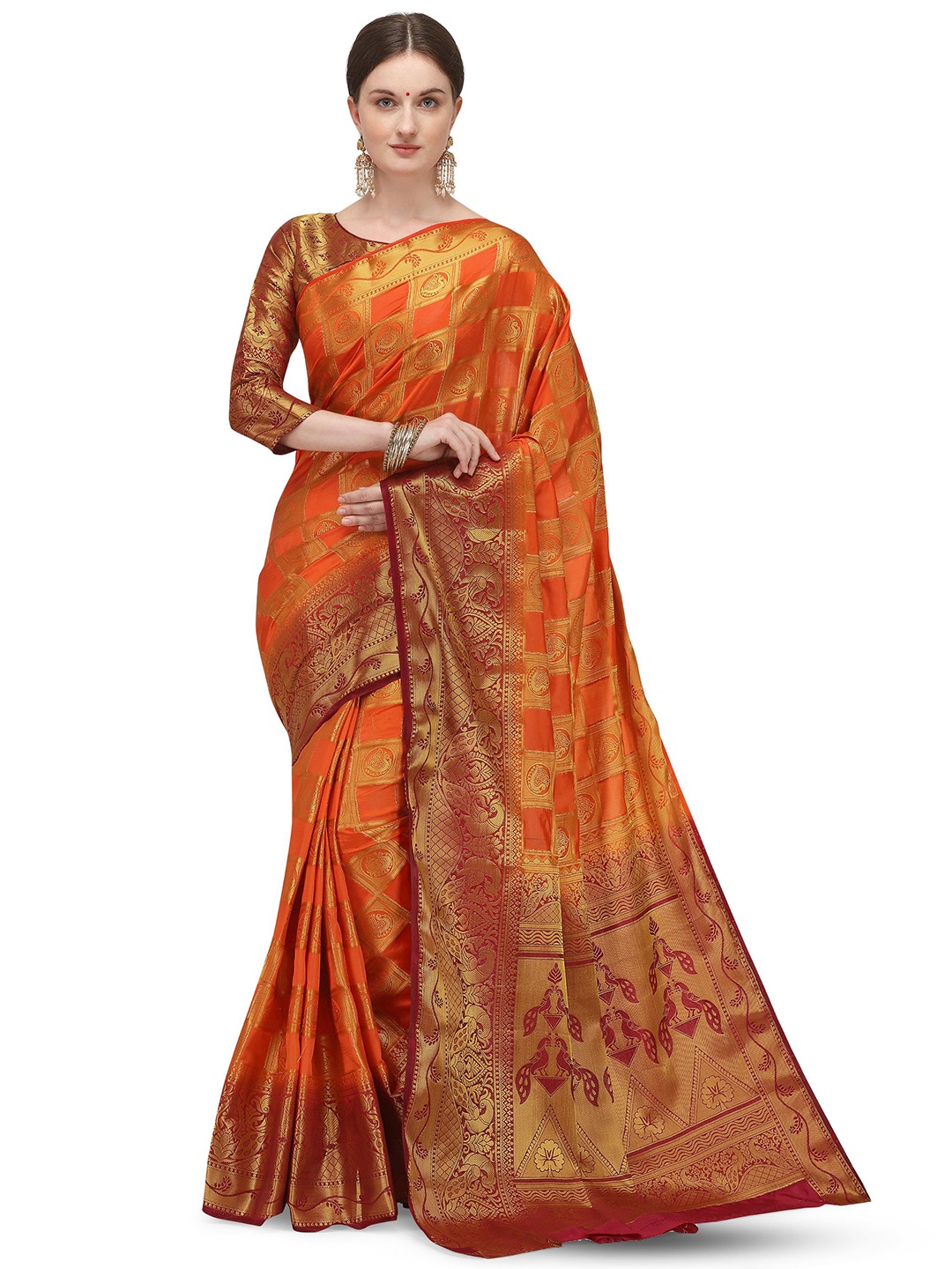 

Mitera Orange & Red Ethnic Motifs Woven Design Zari Banarasi Saree