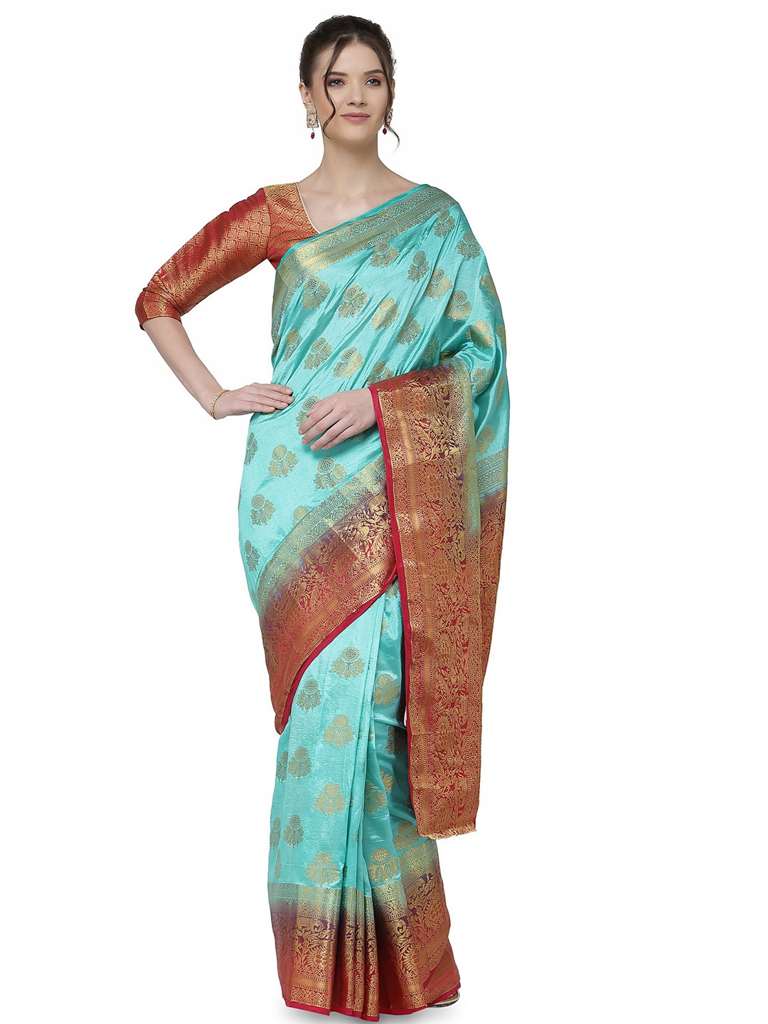 

Mitera Woven Design Zari Silk Blend Fusion Banarasi Saree, Red