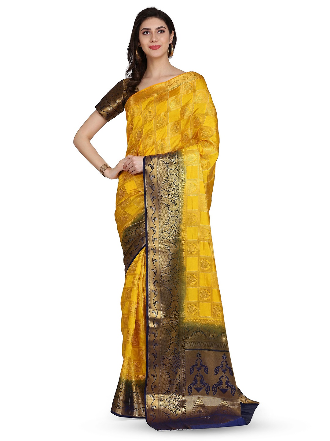 

Mitera Yellow Ethnic Motifs Woven Design Zari Fusion Banarasi Saree