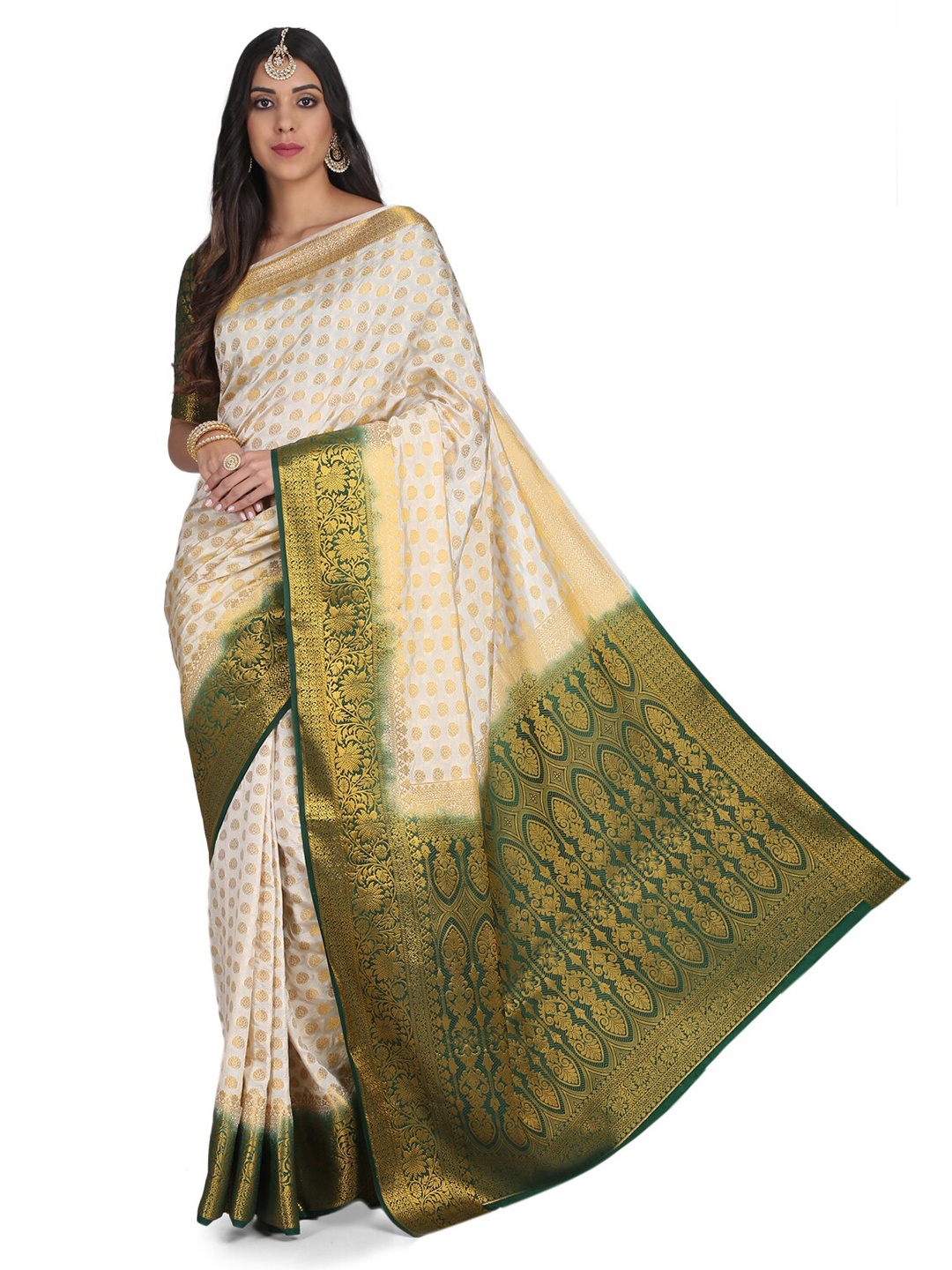 

Mitera White and Green Ethnic Woven Design Zari Silk Fusion Banarasi Saree