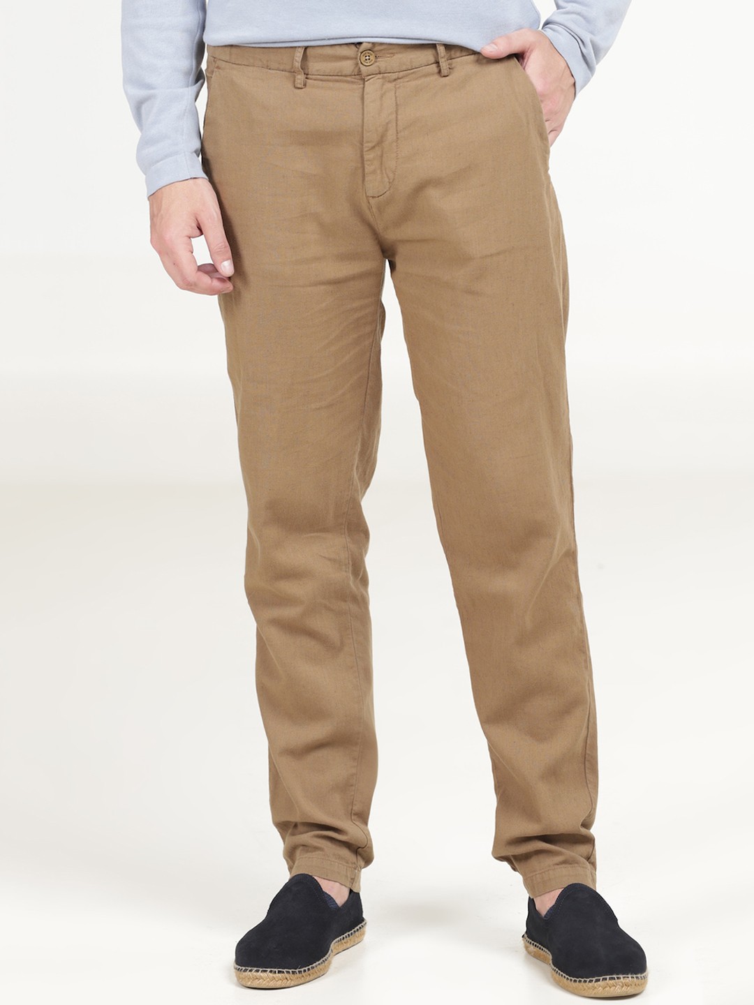 

POE Men Mid Rise Smart Linen Cotton Plain Regular Trousers, Khaki