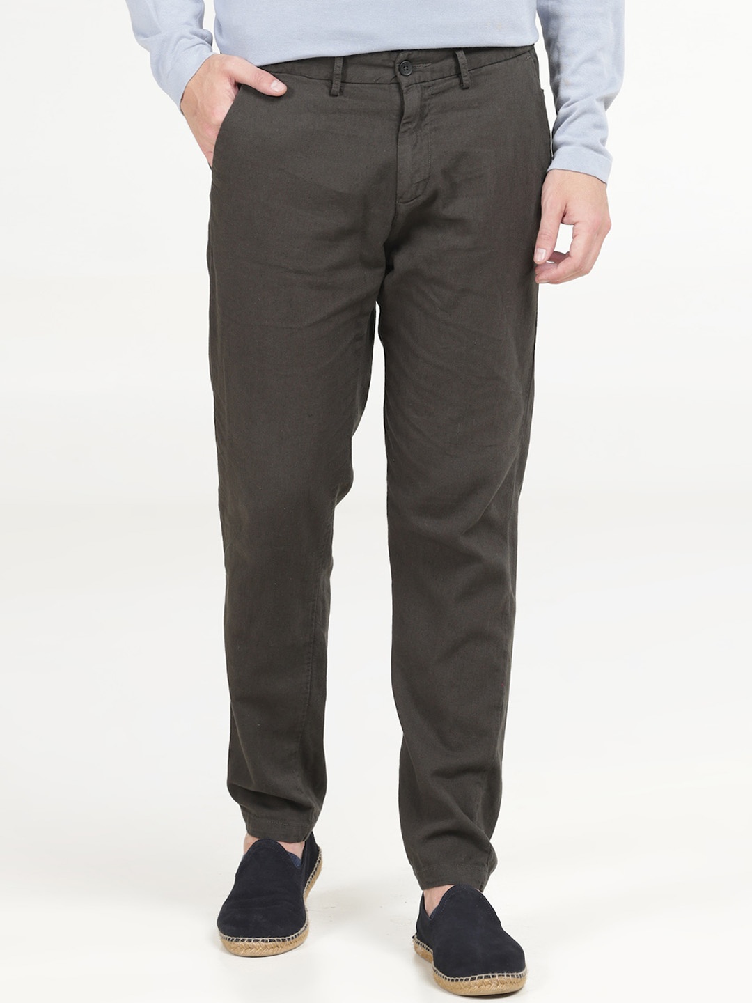 

POE Men Mid Rise Smart Linen Cotton Plain Regular Trousers, Olive