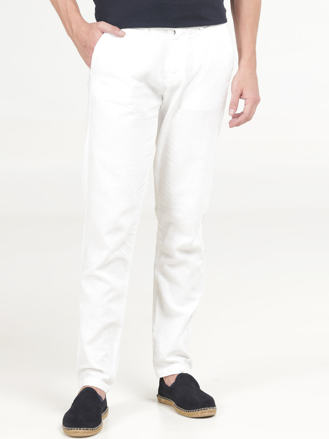 

POE Men Mid Rise Smart Linen Cotton Plain Regular Trousers, White
