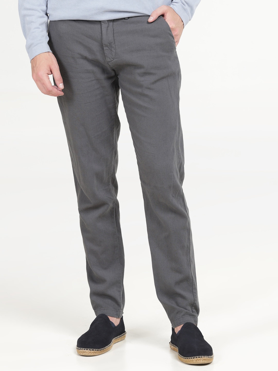 

POE Men Mid Rise Smart Linen Cotton Plain Regular Trousers, Grey