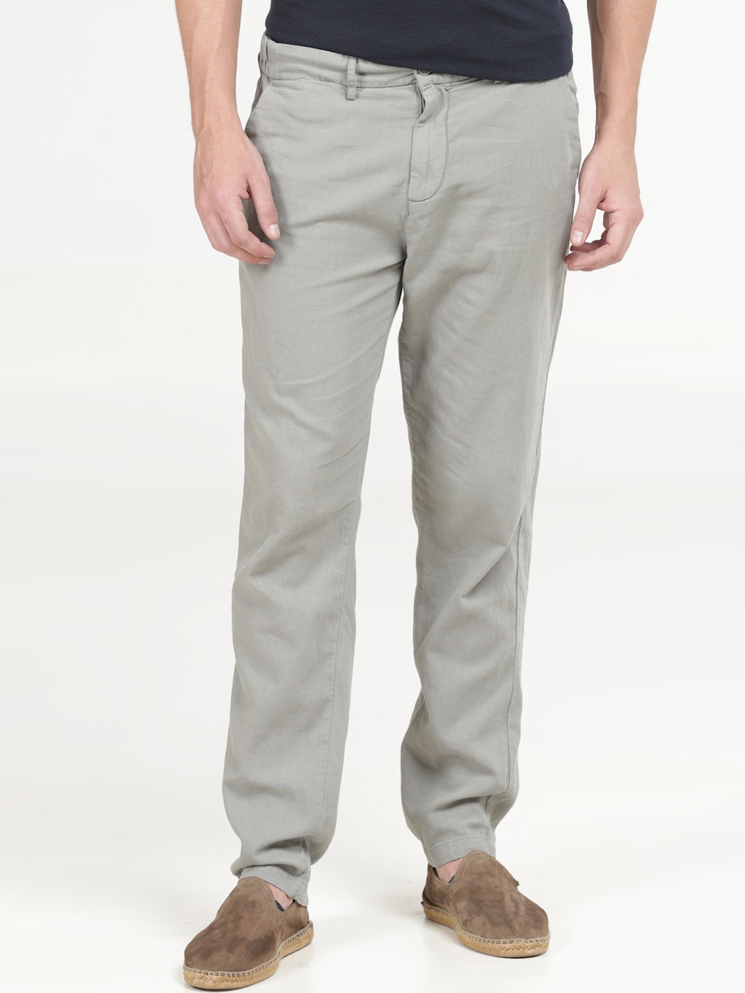

POE Men Mid Rise Smart Linen Cotton Plain Regular Trousers, Sea green