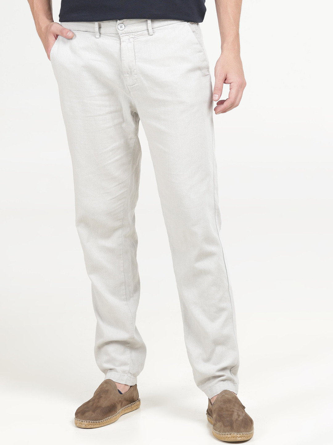 

POE Men Mid Rise Smart Linen Cotton Plain Regular Trousers, Grey