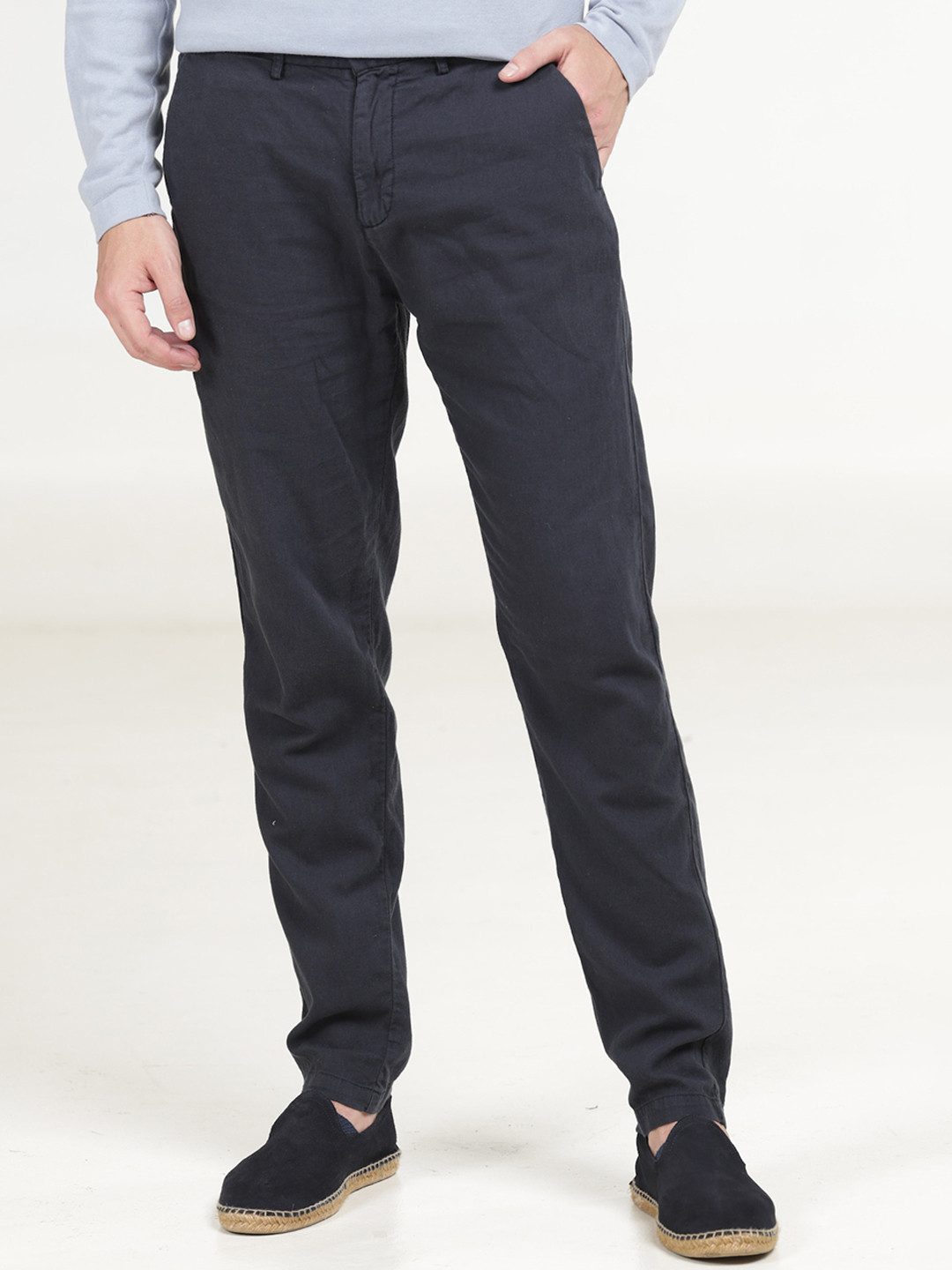

POE Men Mid Rise Smart Linen Cotton Plain Regular Trousers, Navy blue