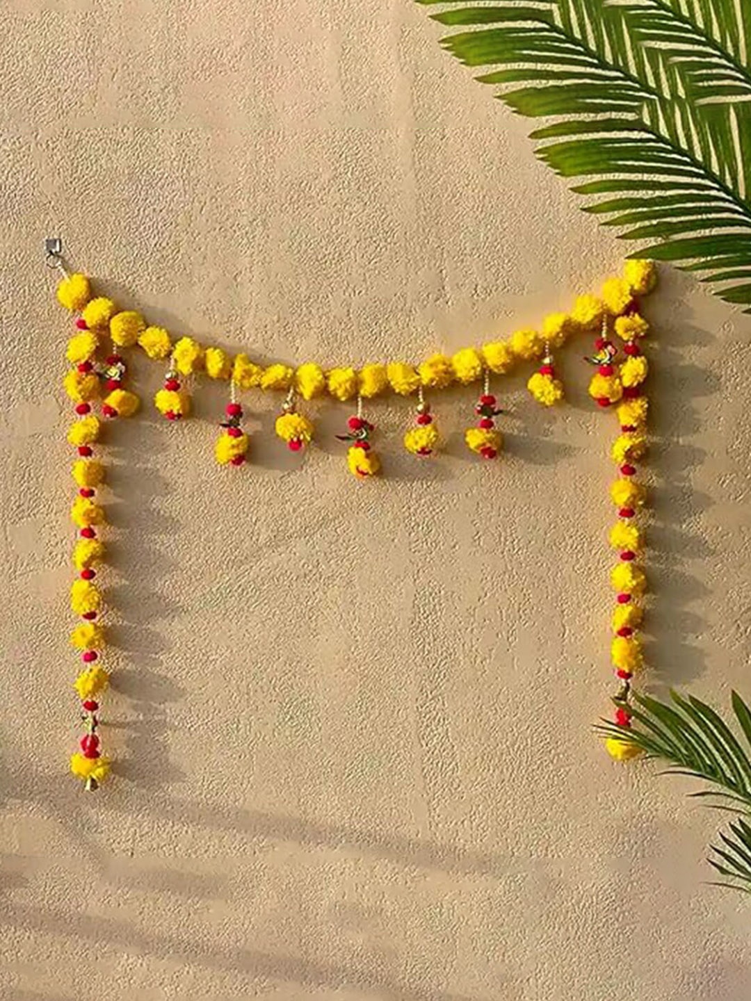 

Kaameri Bazaar Yellow & Red Beads Parrot Pom Pom and Bells with Marigold Flower Toran