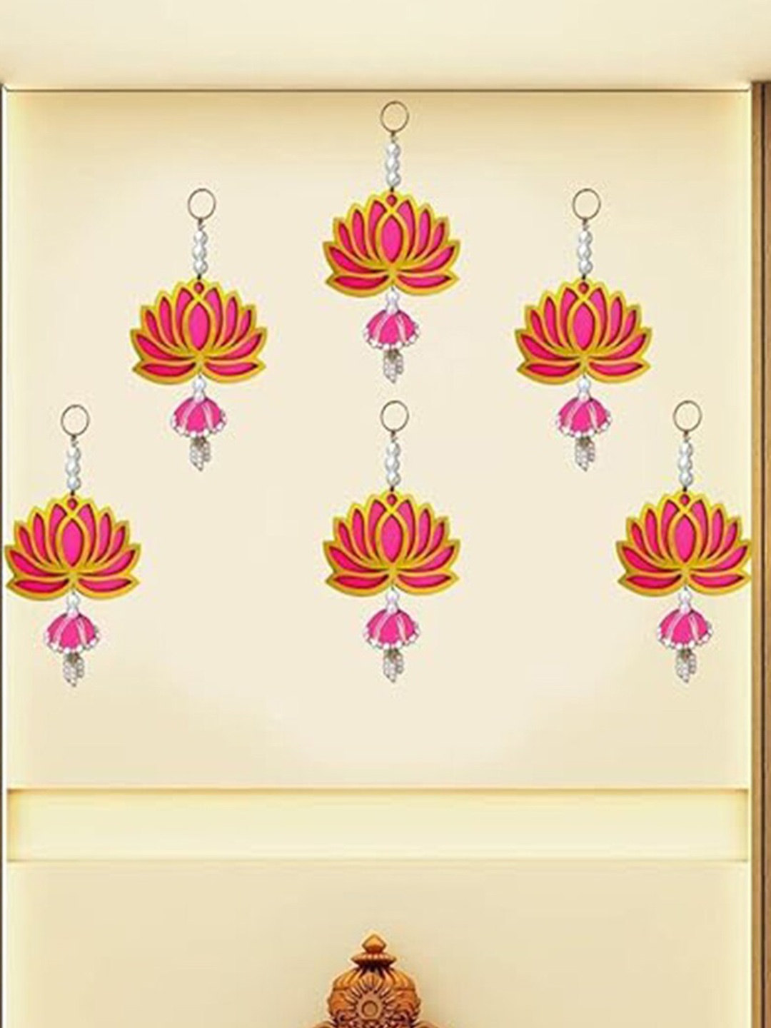 

Kaameri Bazaar 6 Pcs Pink & Yellow Patterned Lotus Jumkha Hangings