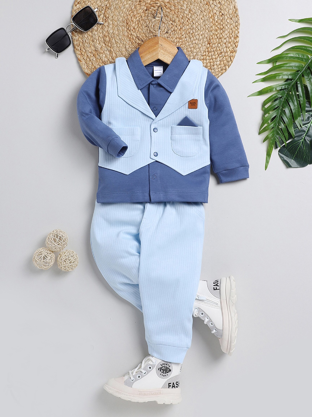 

Moms Love Boys Pure Cotton Shirt & Trousers With Waistcoat, Blue