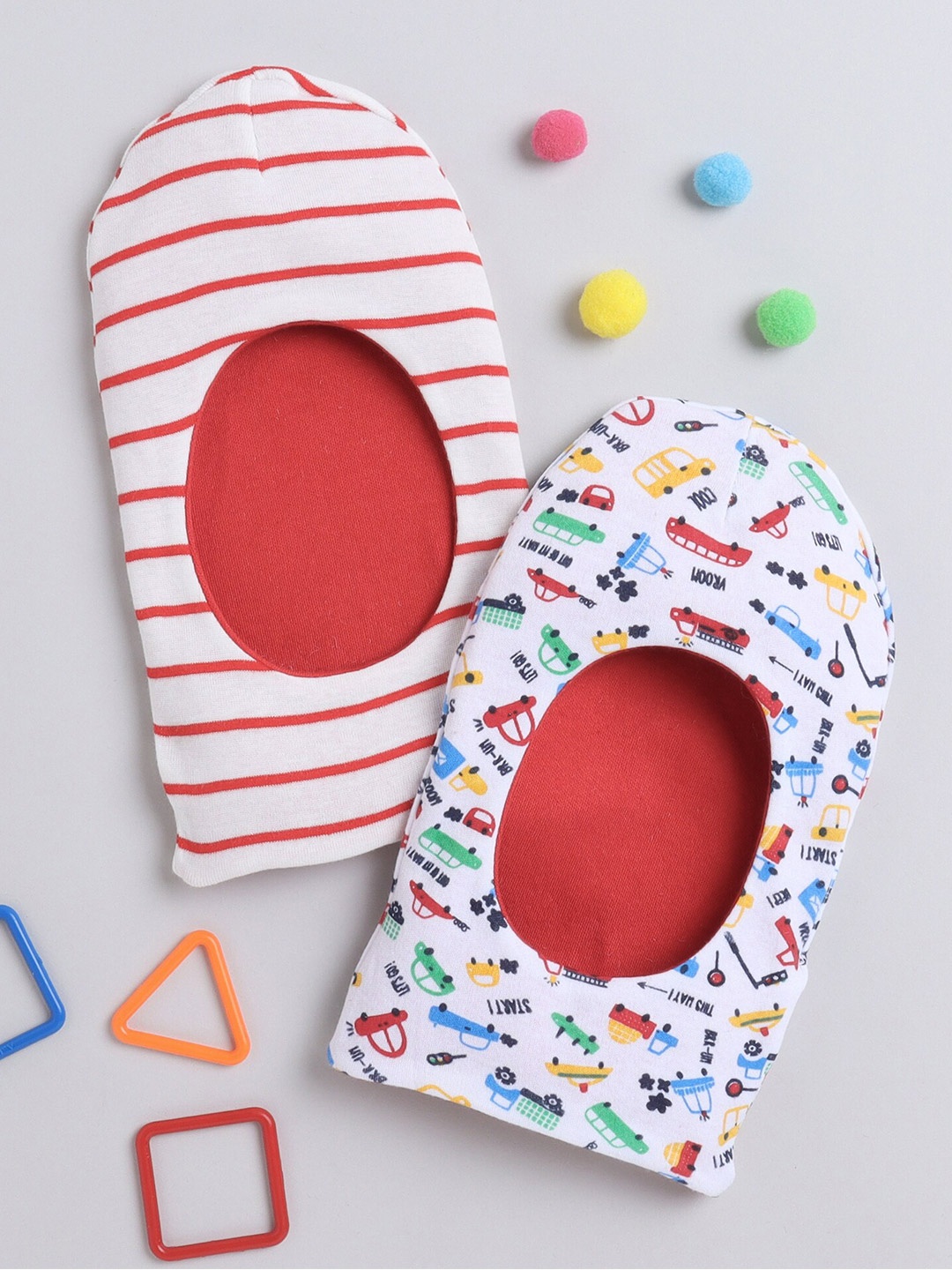 

BUMZEE Infant Boys Set Of 2 Printed Cotton Reversible Monkey Cap, Red