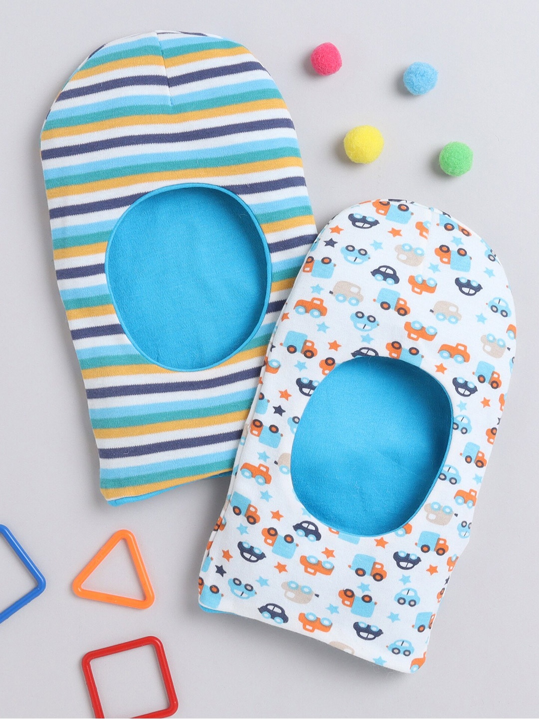BUMZEE Infant Boys Set Of 2 Printed Cotton Reversible Monkey Cap, Blue
