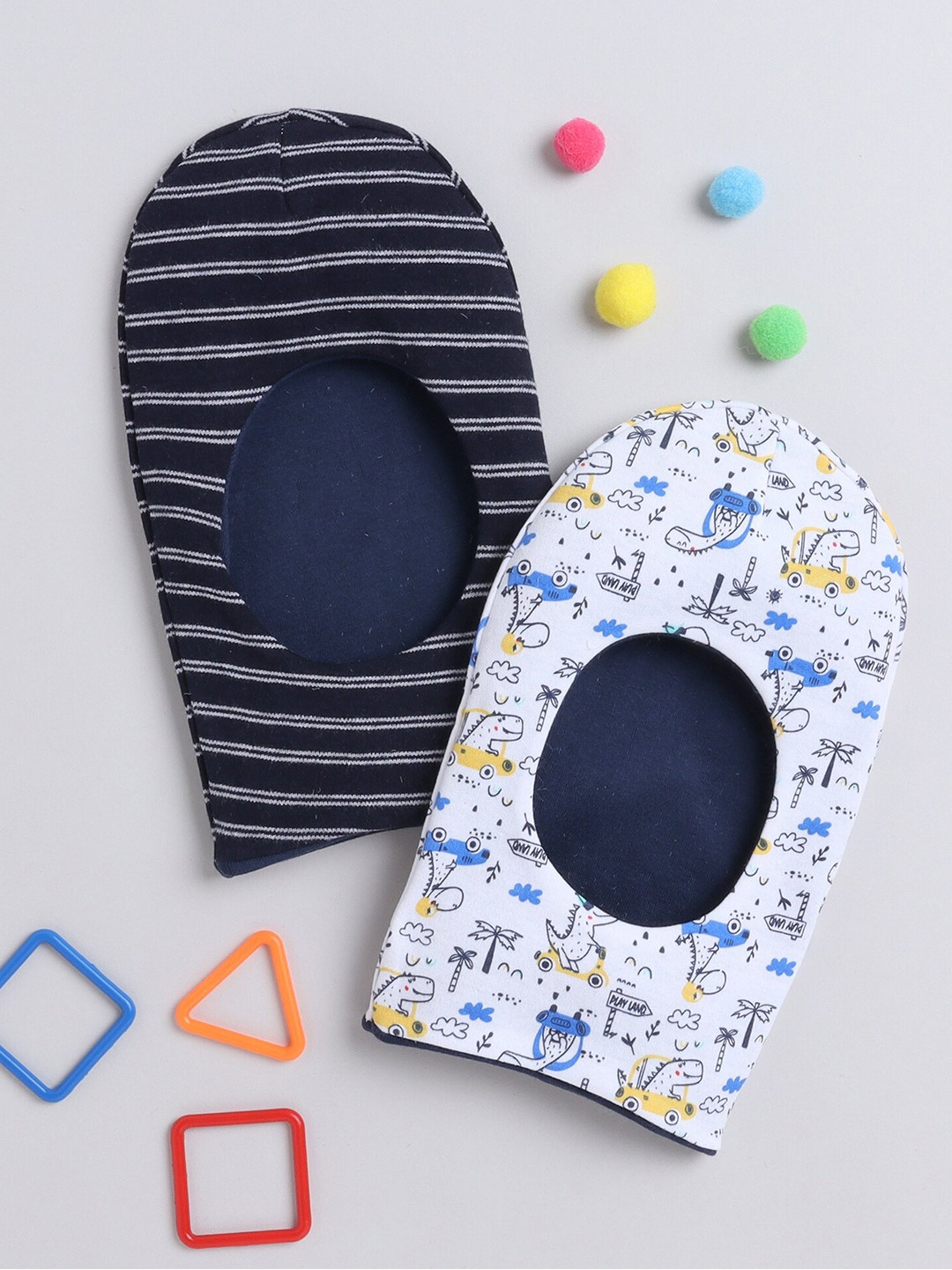 BUMZEE Infant Boys Pack of 2 Printed Reversible Cotton Balaclava, White