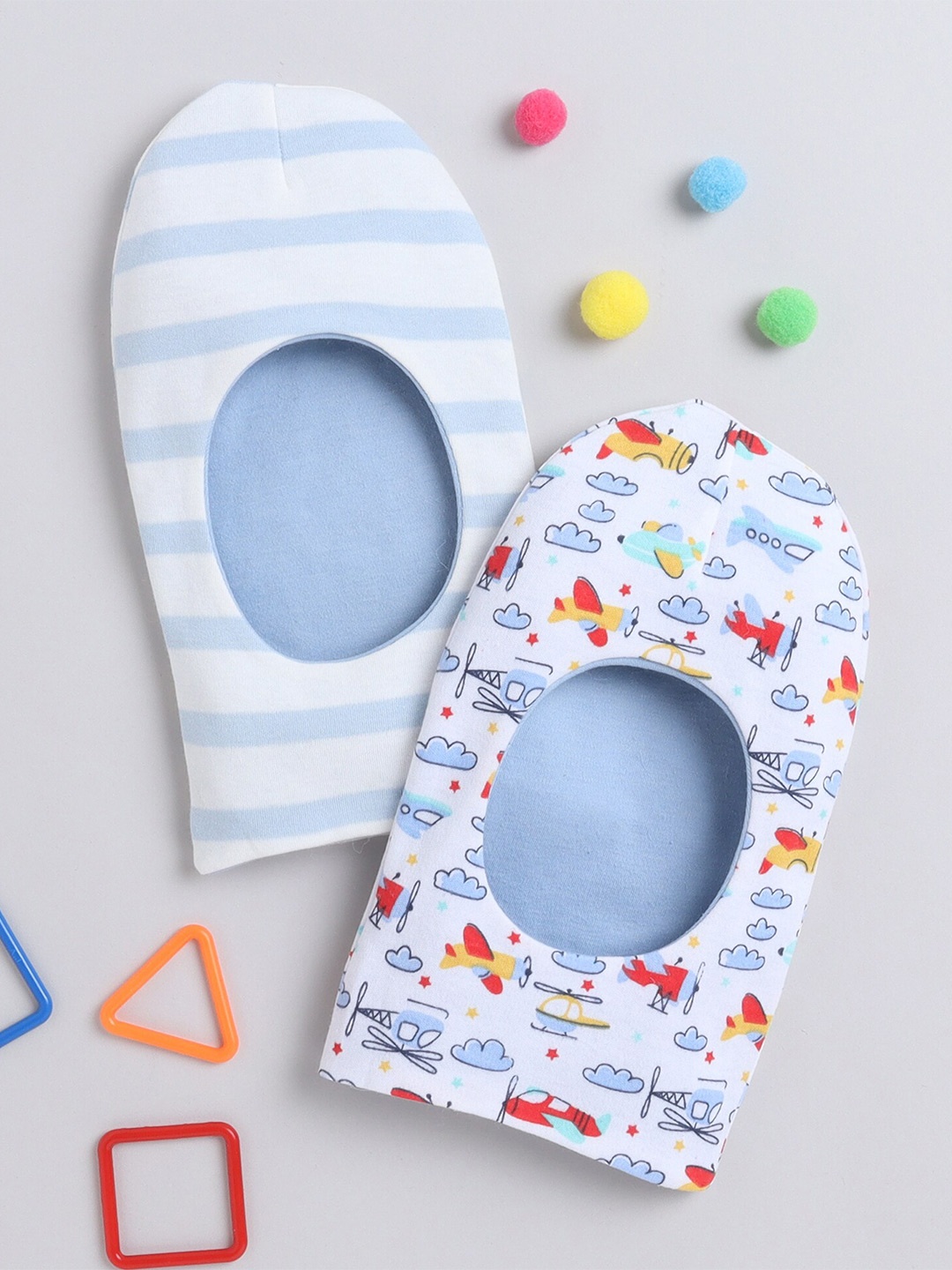 BUMZEE Infant Boys Pack Of 2 Printed Cotton Reversible Balaclava Caps, Blue