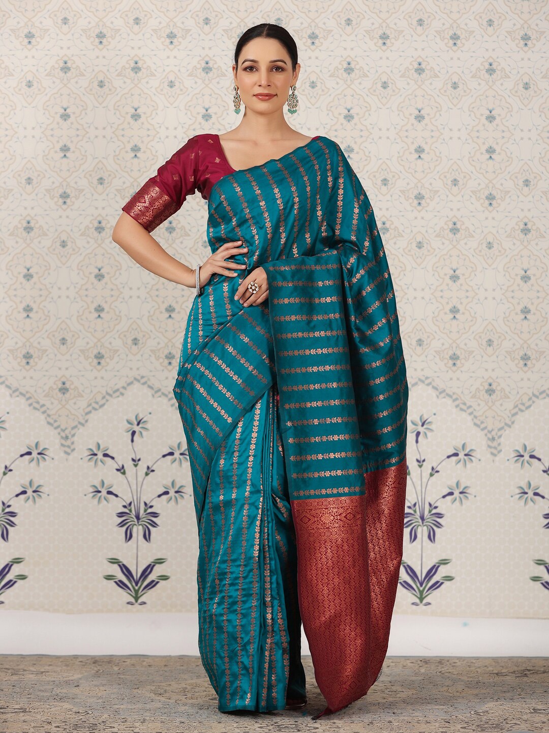 

Ode by House of Pataudi Ethnic Motifs Zari Pure Silk Banarasi Saree, Turquoise blue