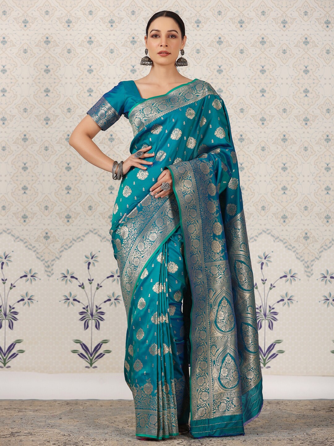 

Ode by House of Pataudi Teal Ethnic Motifs Zari Pure Silk Banarasi Saree