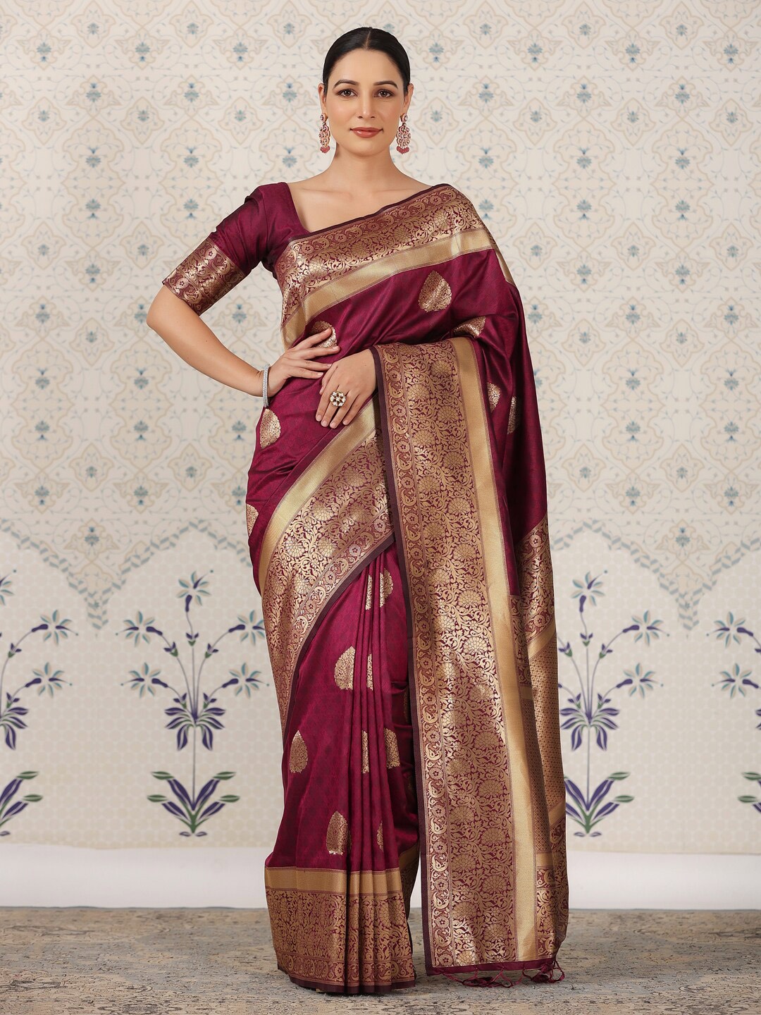 

Ode by House of Pataudi Burgundy Ethnic Motifs Zari Pure Silk Banarasi Saree