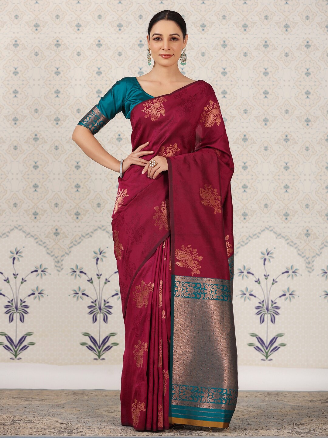 

Ode by House of Pataudi Ethnic Motifs Zari Pure Silk Banarasi Saree, Burgundy