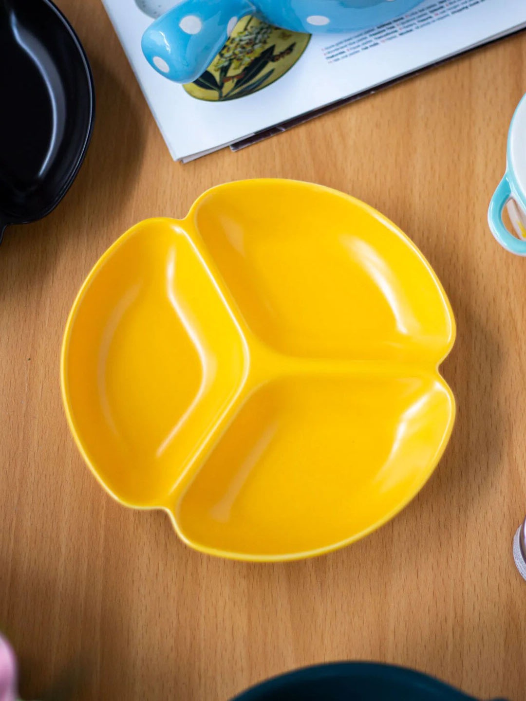 

THEDECORKART Yellow 3 Compartment Ceramic Food Platter