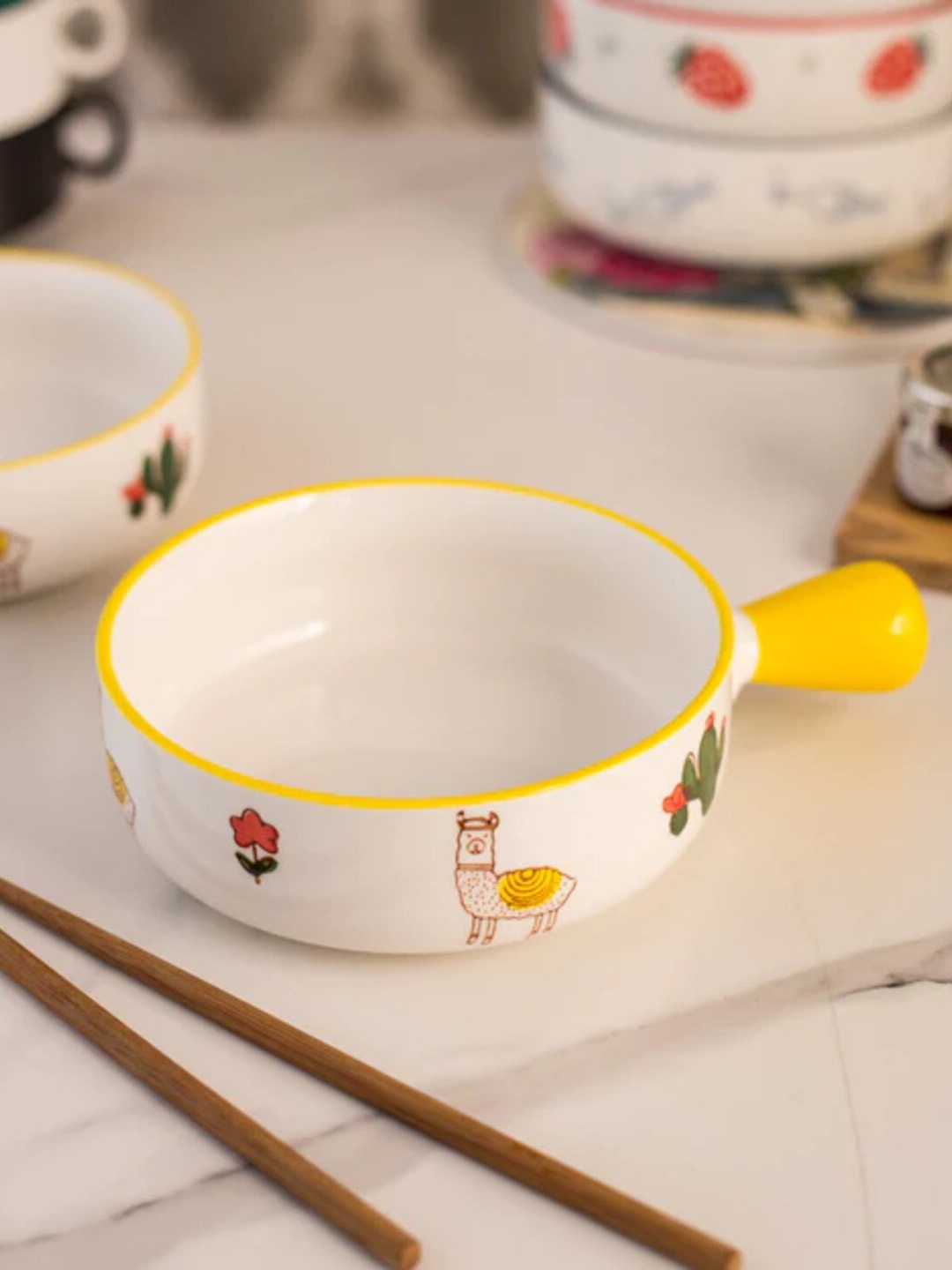 

THEDECORKART White & Yellow Printed Ceramic Easy to Clean Serving Bowl 310 ml