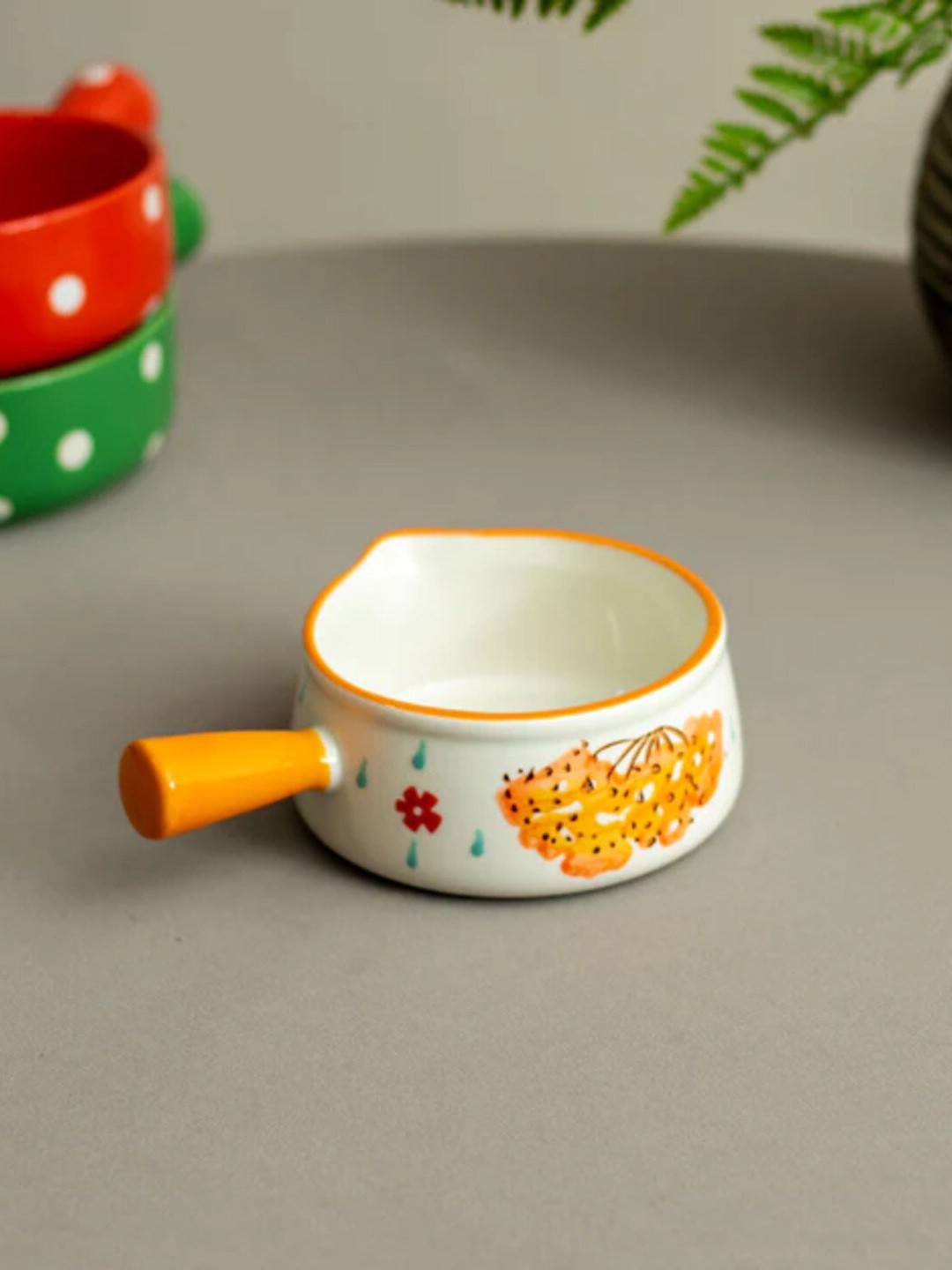 

THEDECORKART White & Orange Printed Ceramic Serving Bowl 310 ML