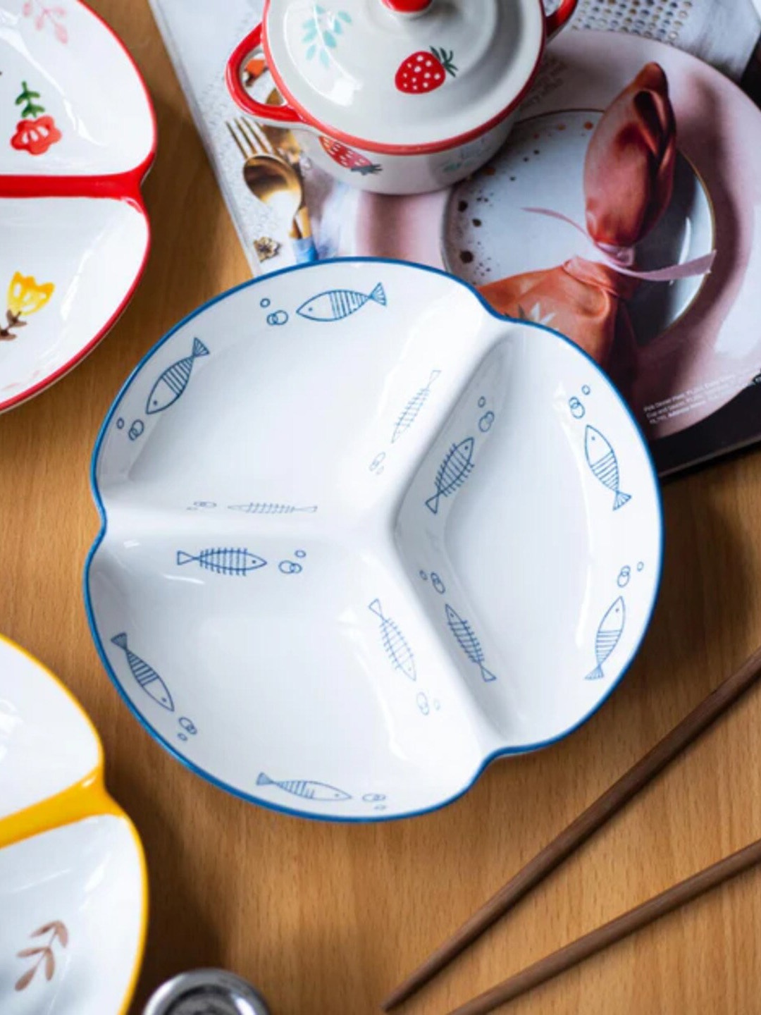 

THEDECORKART White & Blue Printed Ceramic Easy to Clean Food Platter